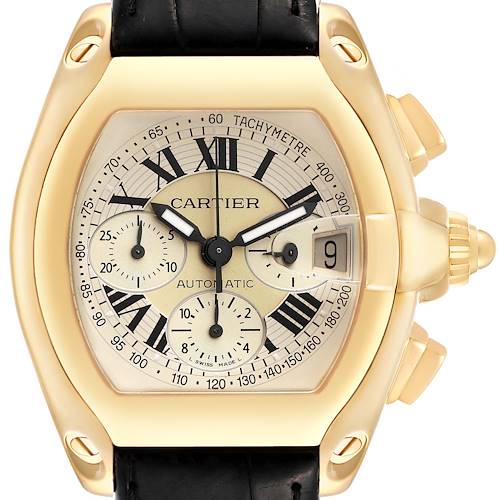 Photo of Cartier Roadster Chronograph Yellow Gold Black Strap Mens Watch W62021Y3