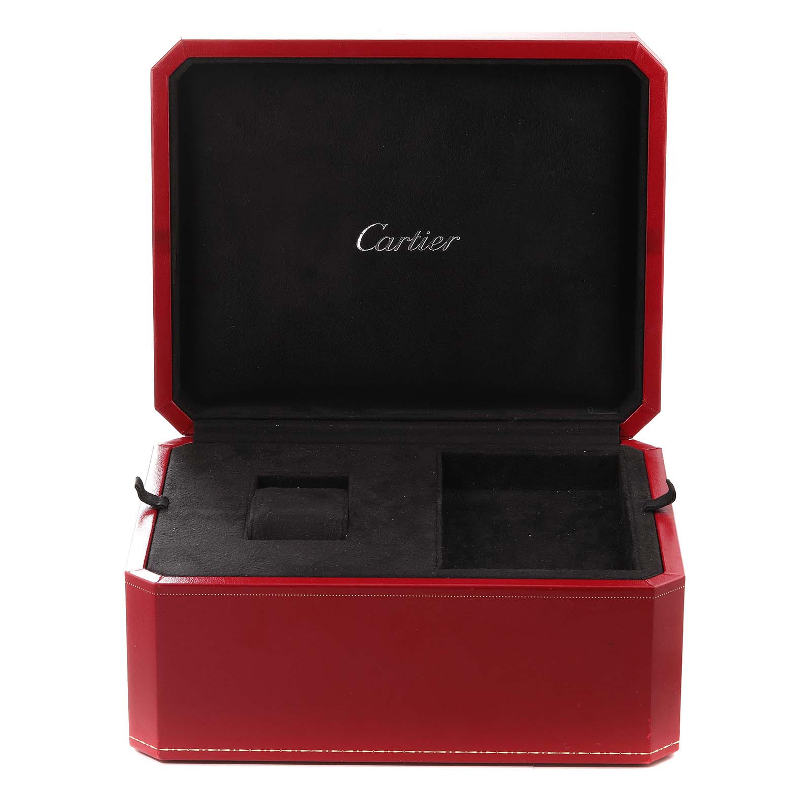 This image shows an open red Cartier watch box for the Roadster model, displaying the interior compartments.