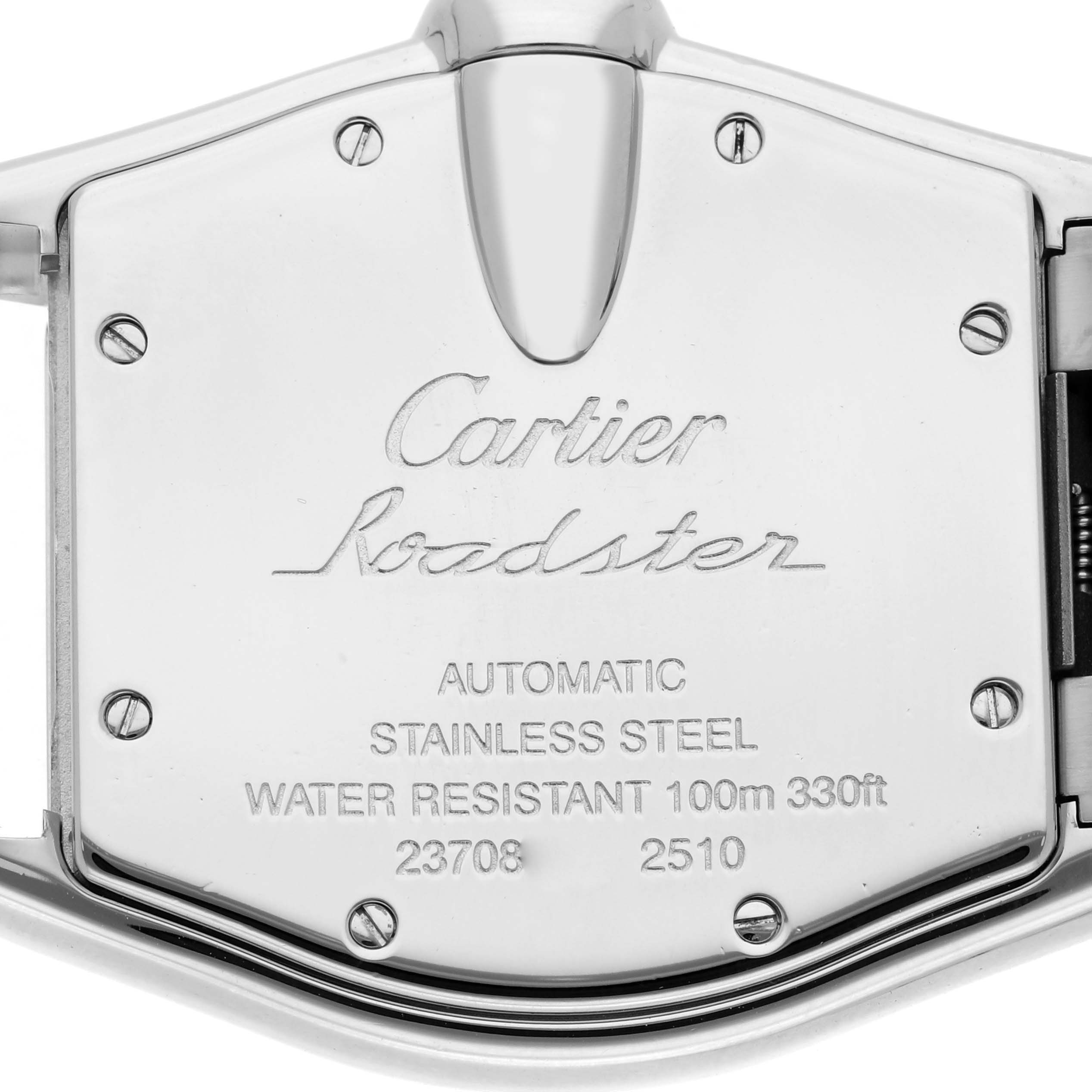 The image shows the back of a Cartier Roadster men
s watch, model number W62025V3, displaying details like "Automatic," "Stainless Steel," and "Water Resistant 100m."