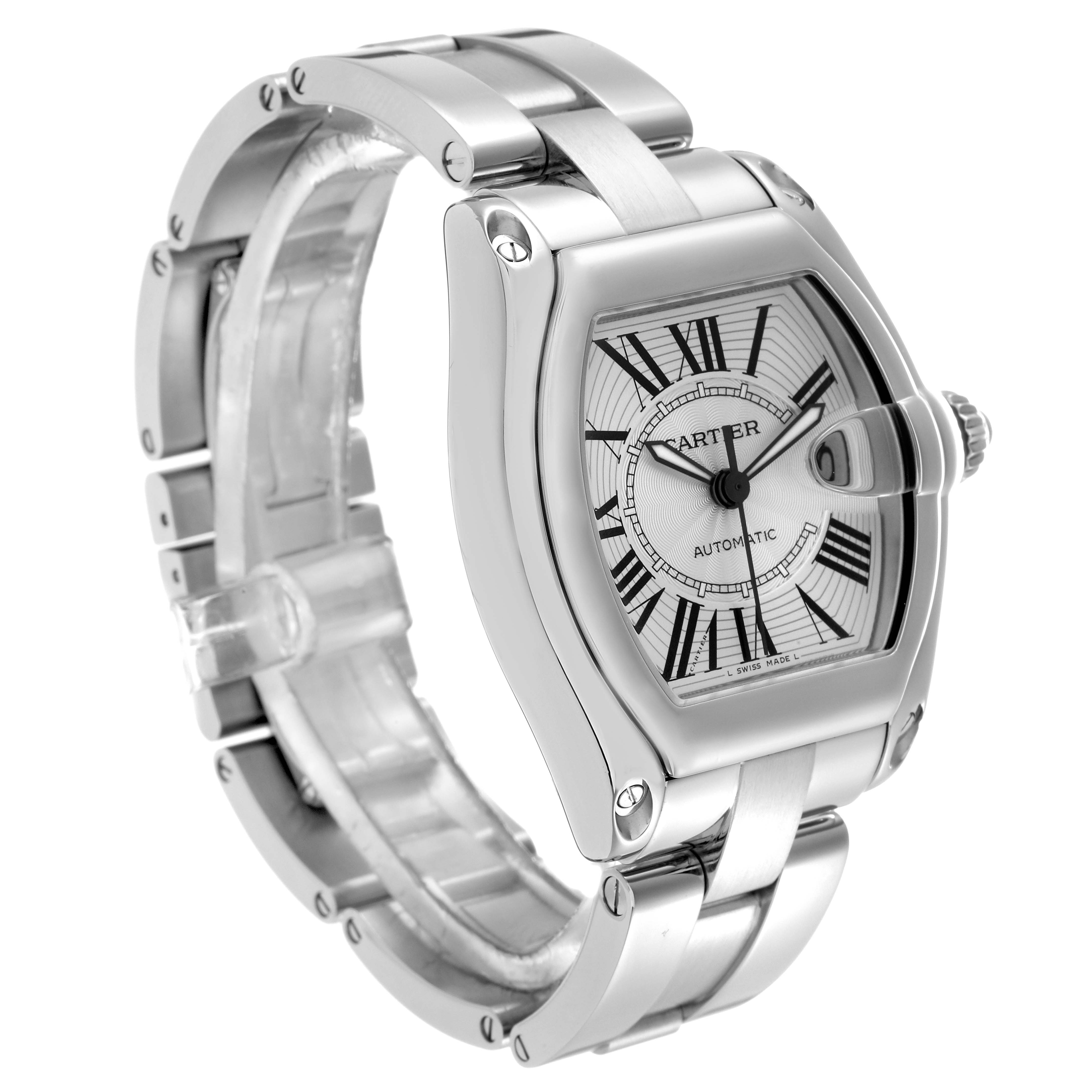 The image shows a Cartier Roadster model W62025V3 men
s watch angled to display its face and bracelet, highlighting its Roman numeral dial and metal links.