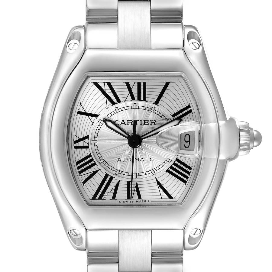 The image shows a Cartier Roadster men's watch, model number W62025V3, facing forward, highlighting the dial, case, bezel, crown, and part of the bracelet.