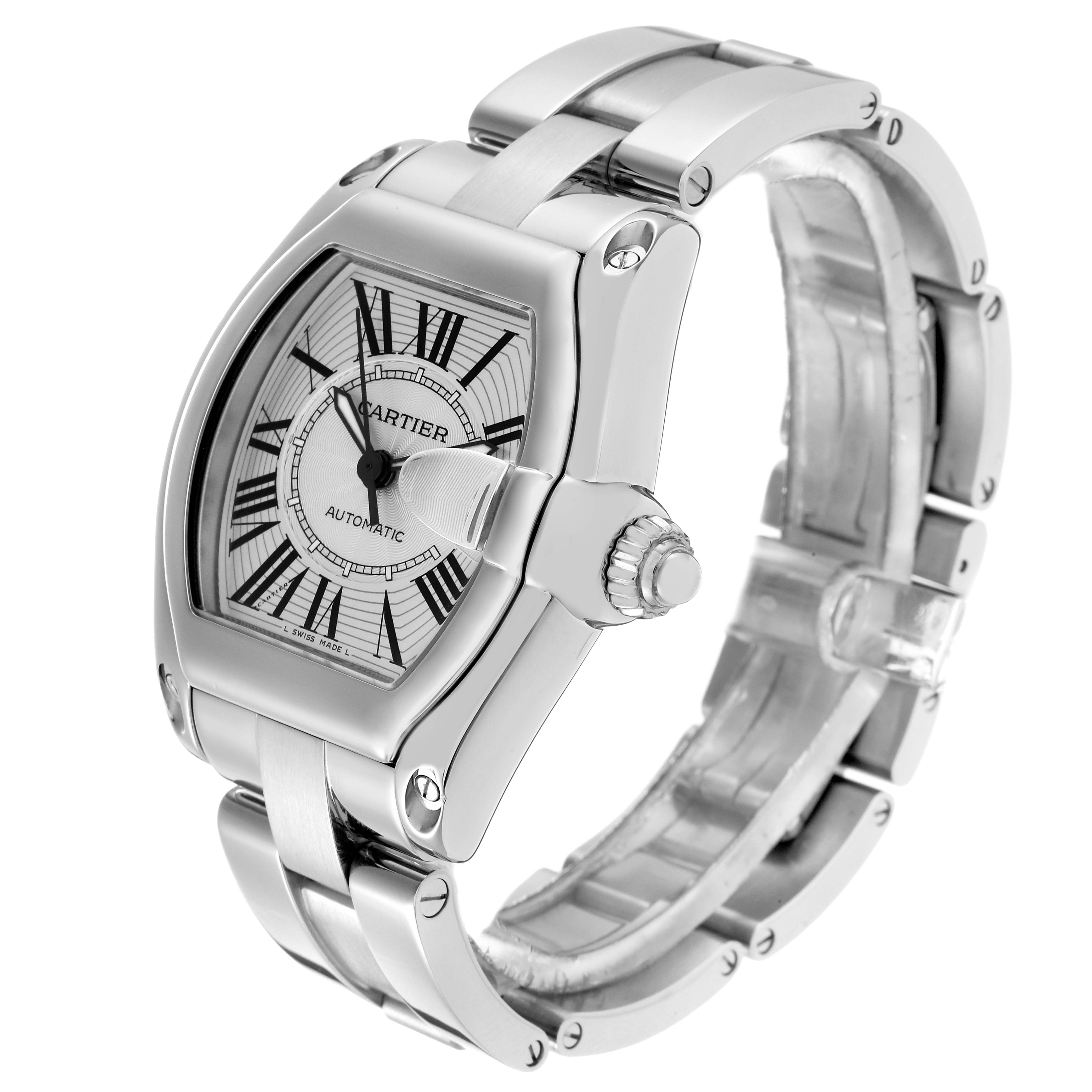 The image shows a Cartier Roadster men
s watch, model W62025V3, angled to display the face, crown, and part of the bracelet.