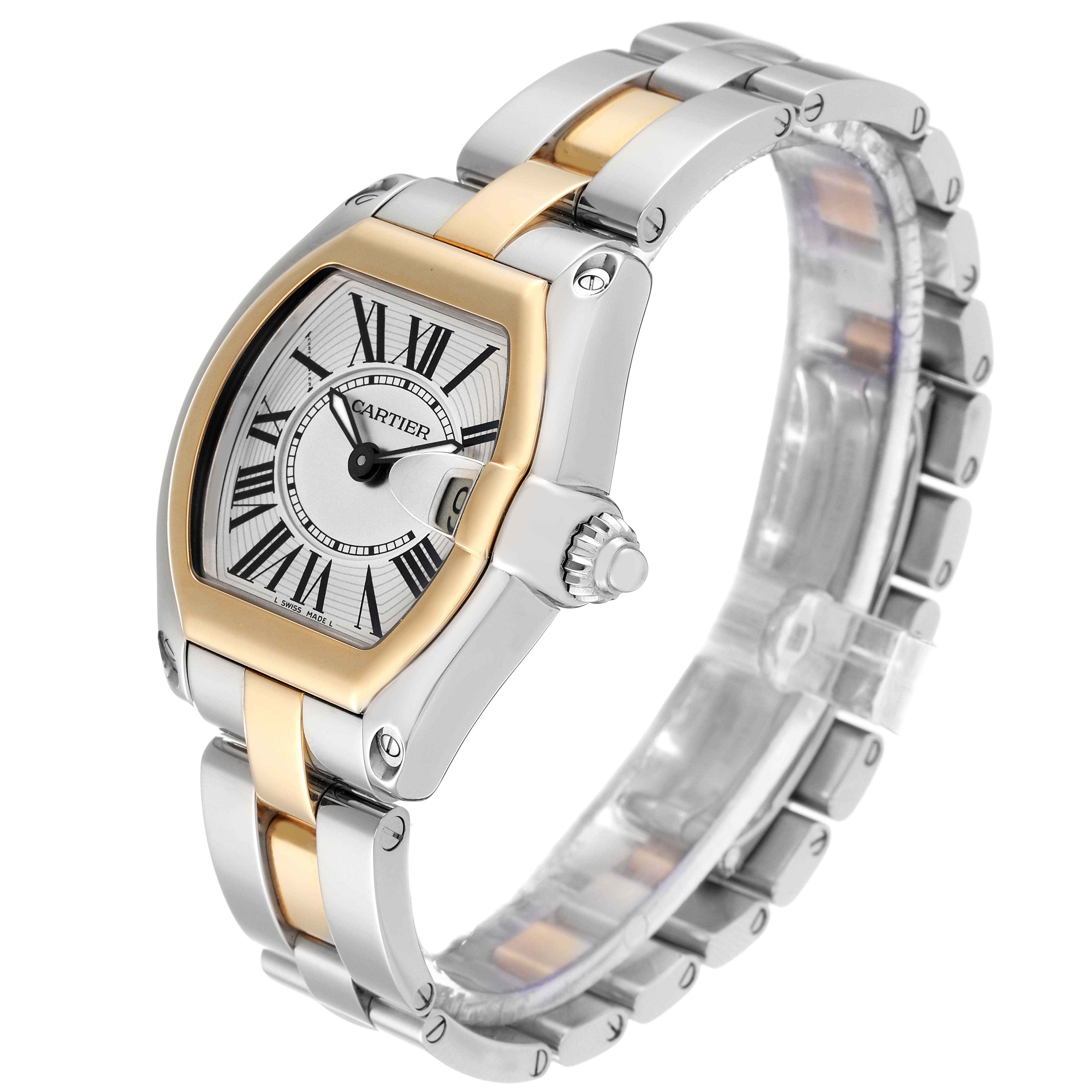 The image shows a Cartier Roadster W62026Y4 Women
s Steel and Gold (two tone) Silver Dial W62026Y4 Women
s Steel and Gold (two tone) Silver Dial watch angled to display the face, band, and crown.