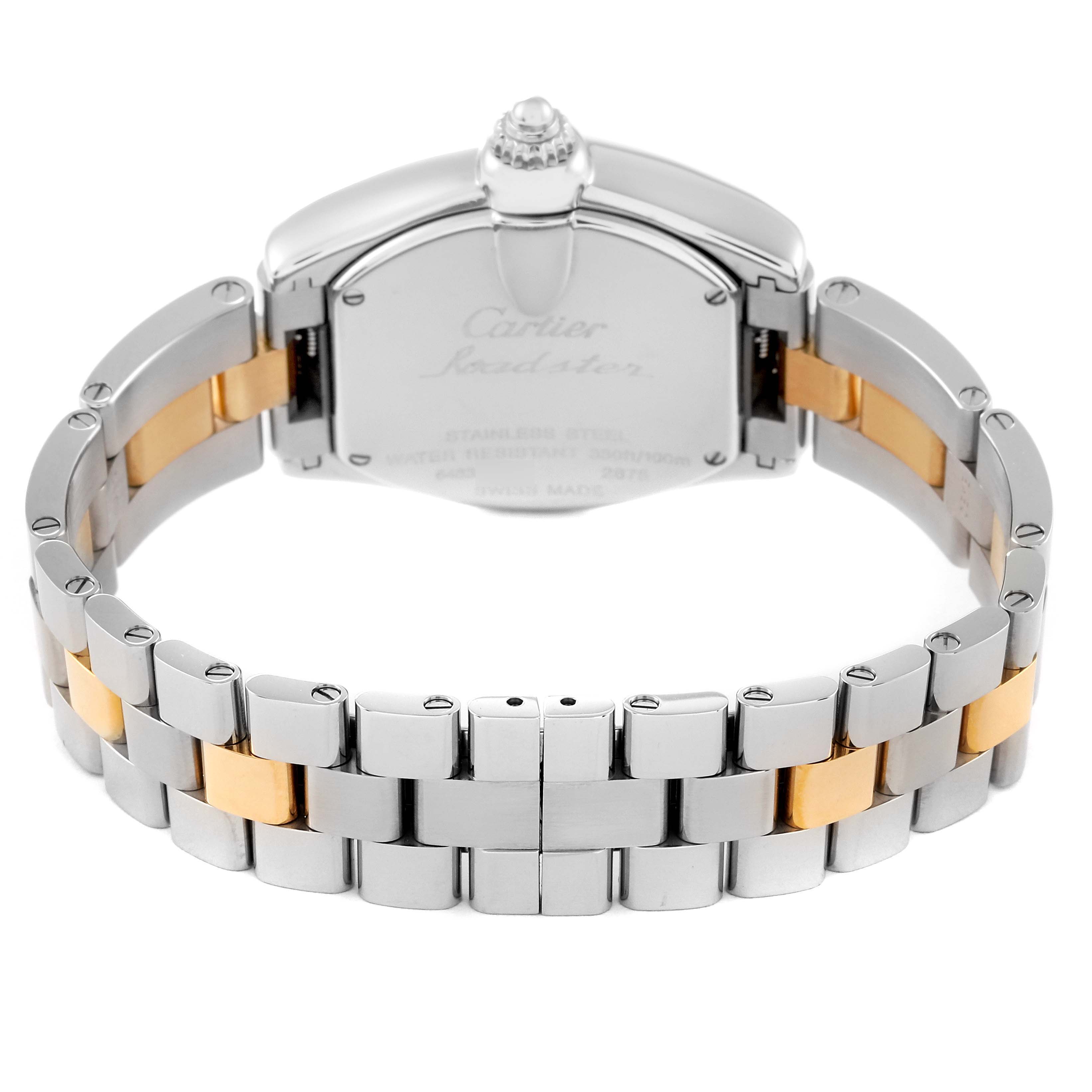 This image shows the back case and bracelet of a Cartier Roadster W62026Y4 Women
s Steel and Gold (two tone) Silver Dial W62026Y4 Women
s Steel and Gold (two tone) Silver Dial watch, highlighting the stainless steel and gold links.