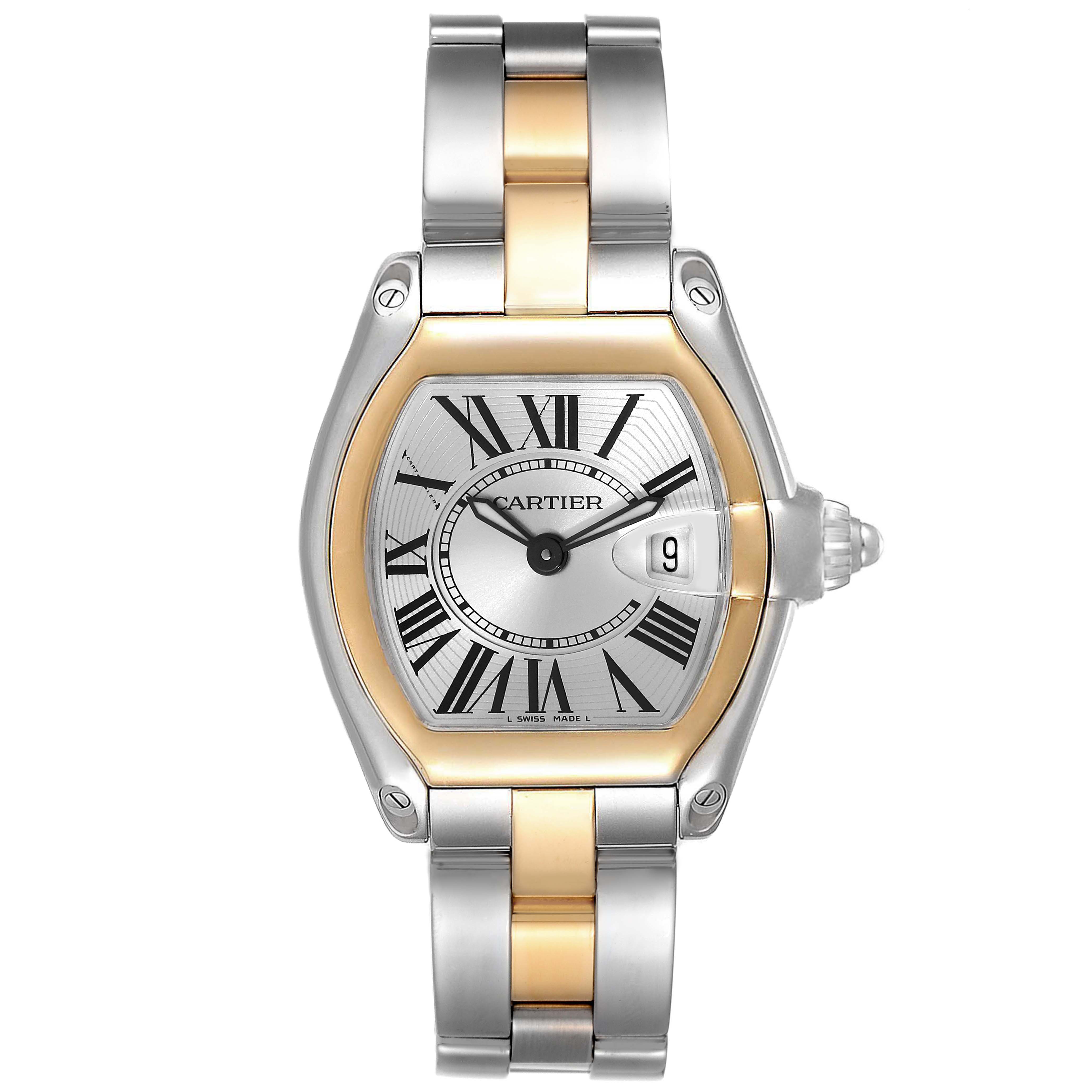 This image shows a front-view angle of the Cartier Roadster W62026Y4 Women
s Steel and Gold (two tone) Silver Dial W62026Y4 Women
s Steel and Gold (two tone) Silver Dial watch, highlighting its face, bezel, and two-tone bracelet.