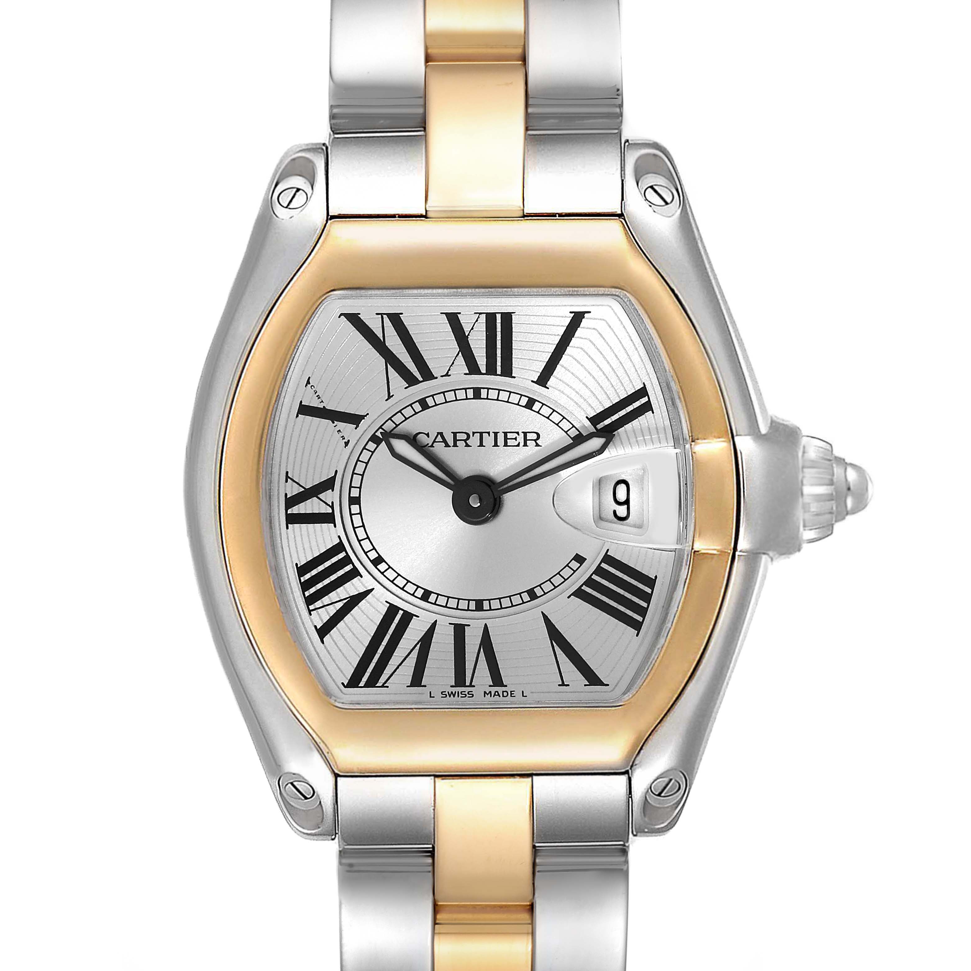 This image shows a front view of a Cartier Roadster W62026Y4 Women
s Steel and Gold (two tone) Silver Dial W62026Y4 Women
s Steel and Gold (two tone) Silver Dial watch, highlighting its dial, date display, and two-tone band.