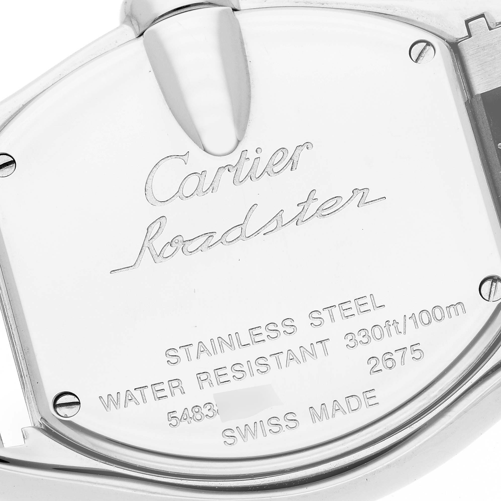 The image shows the back case of a Cartier Roadster W62026Y4 Women
s Steel and Gold (two tone) Silver Dial W62026Y4 Women
s Steel and Gold (two tone) Silver Dial watch, displaying branding and specifications.