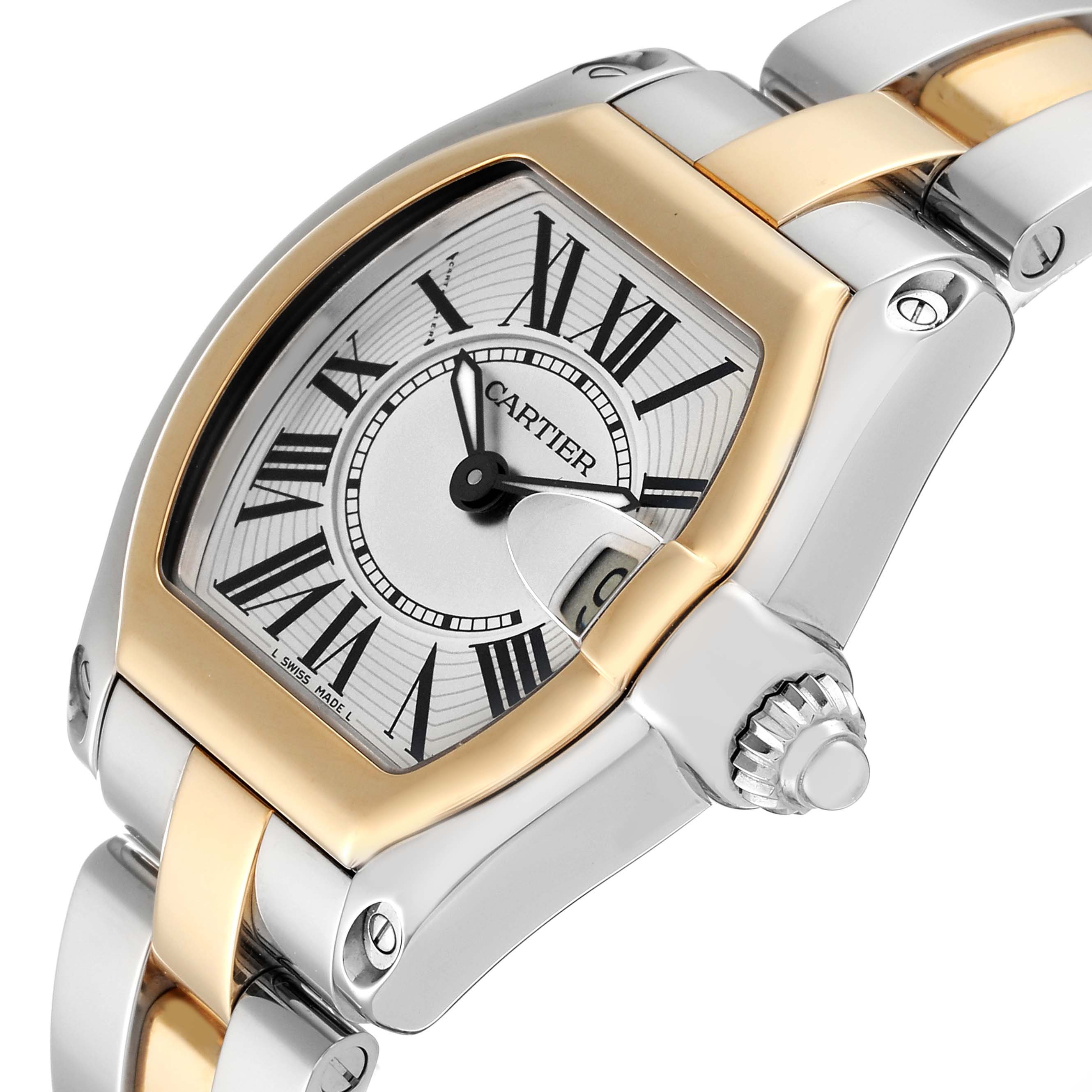 This image shows a close-up angle of the Cartier Roadster W62026Y4 Women
s Steel and Gold (two tone) Silver Dial W62026Y4 Women
s Steel and Gold (two tone) Silver Dial watch, highlighting the dial, bezel, and part of the bracelet.