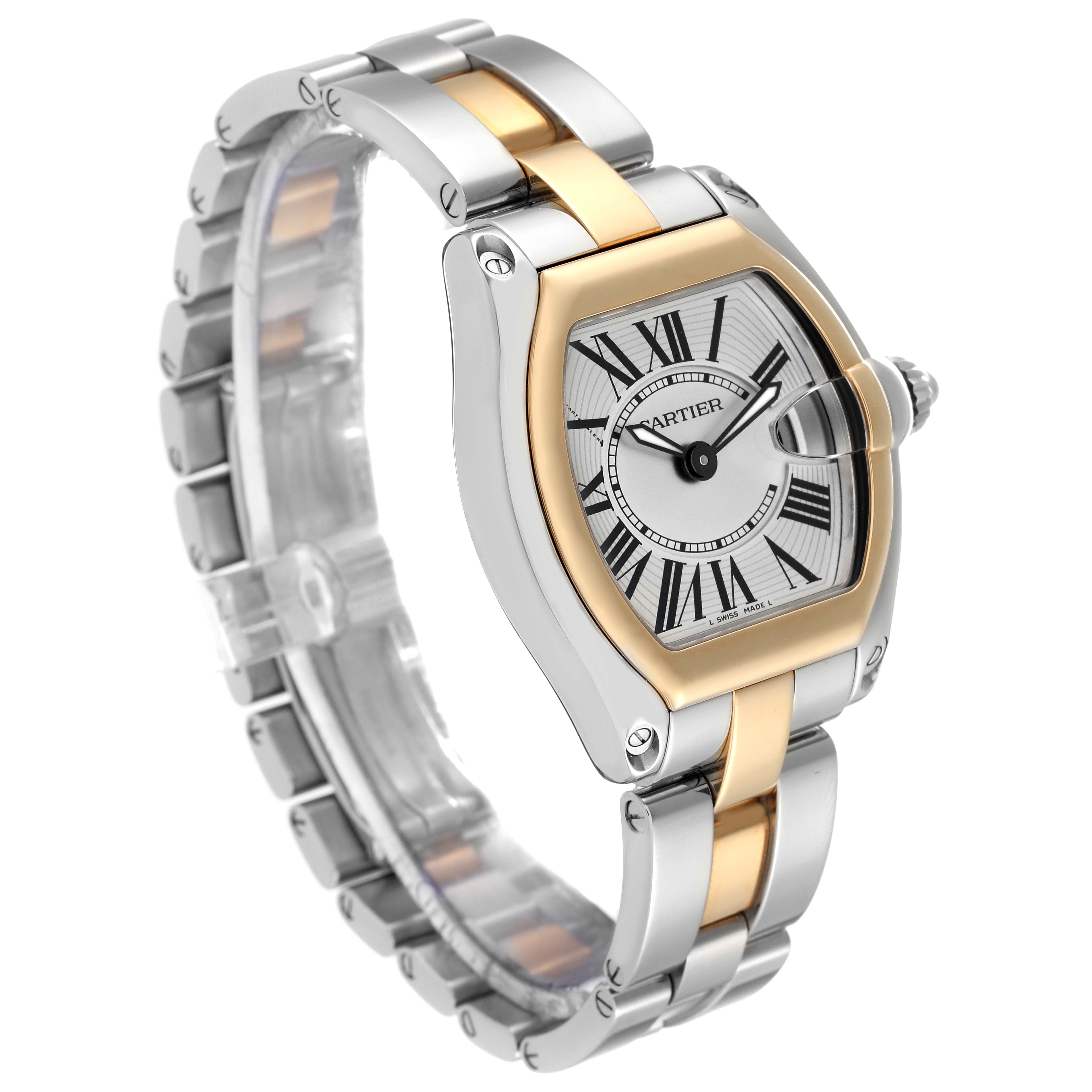 The Cartier Roadster W62026Y4 Women
s Steel and Gold (two tone) Silver Dial W62026Y4 Women
s Steel and Gold (two tone) Silver Dial watch is shown at an angle, displaying its face, bezel, and metal bracelet.