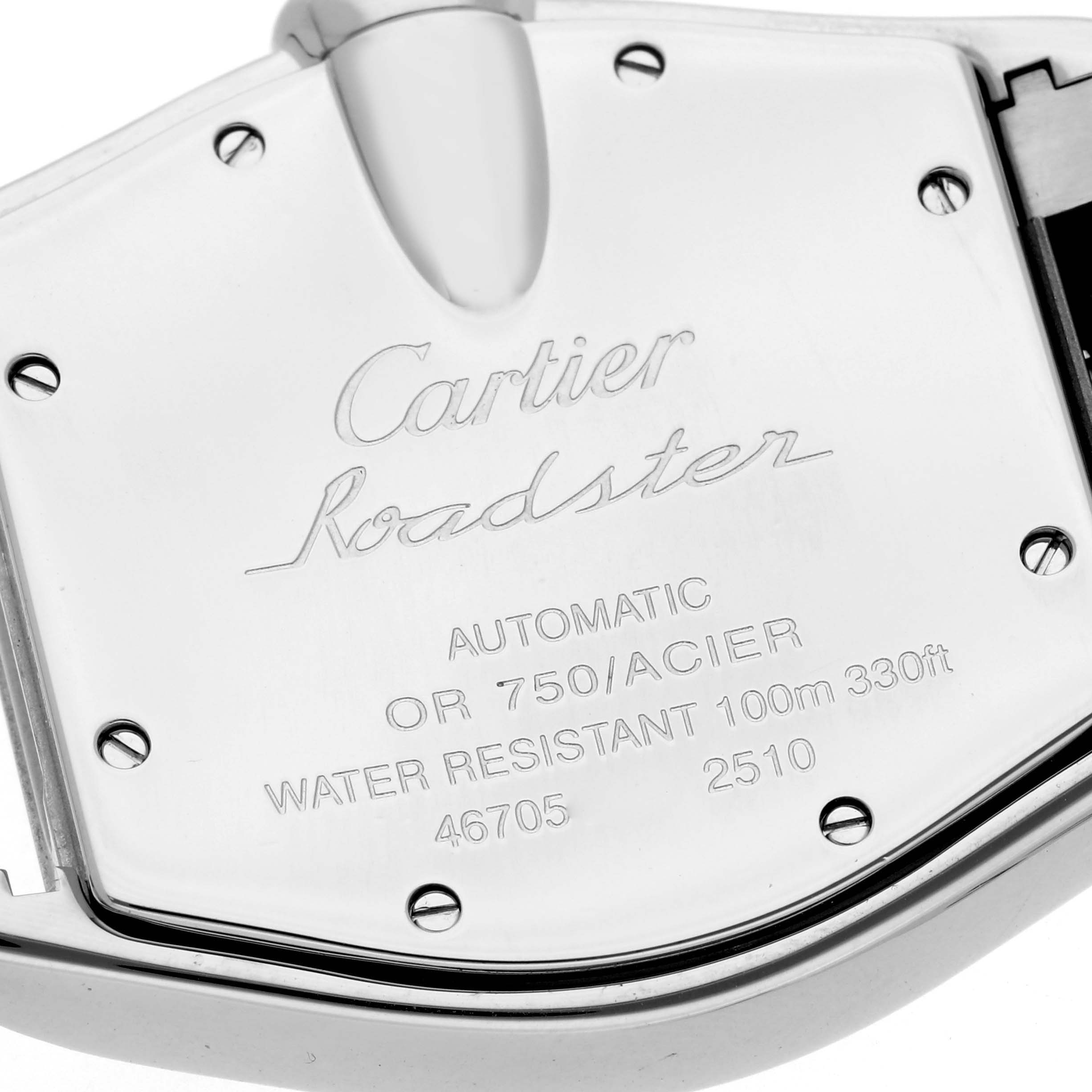 The image shows the case back of a Cartier Roadster men
s watch, model number W62031Y4, featuring engraved details and screws around the edges.