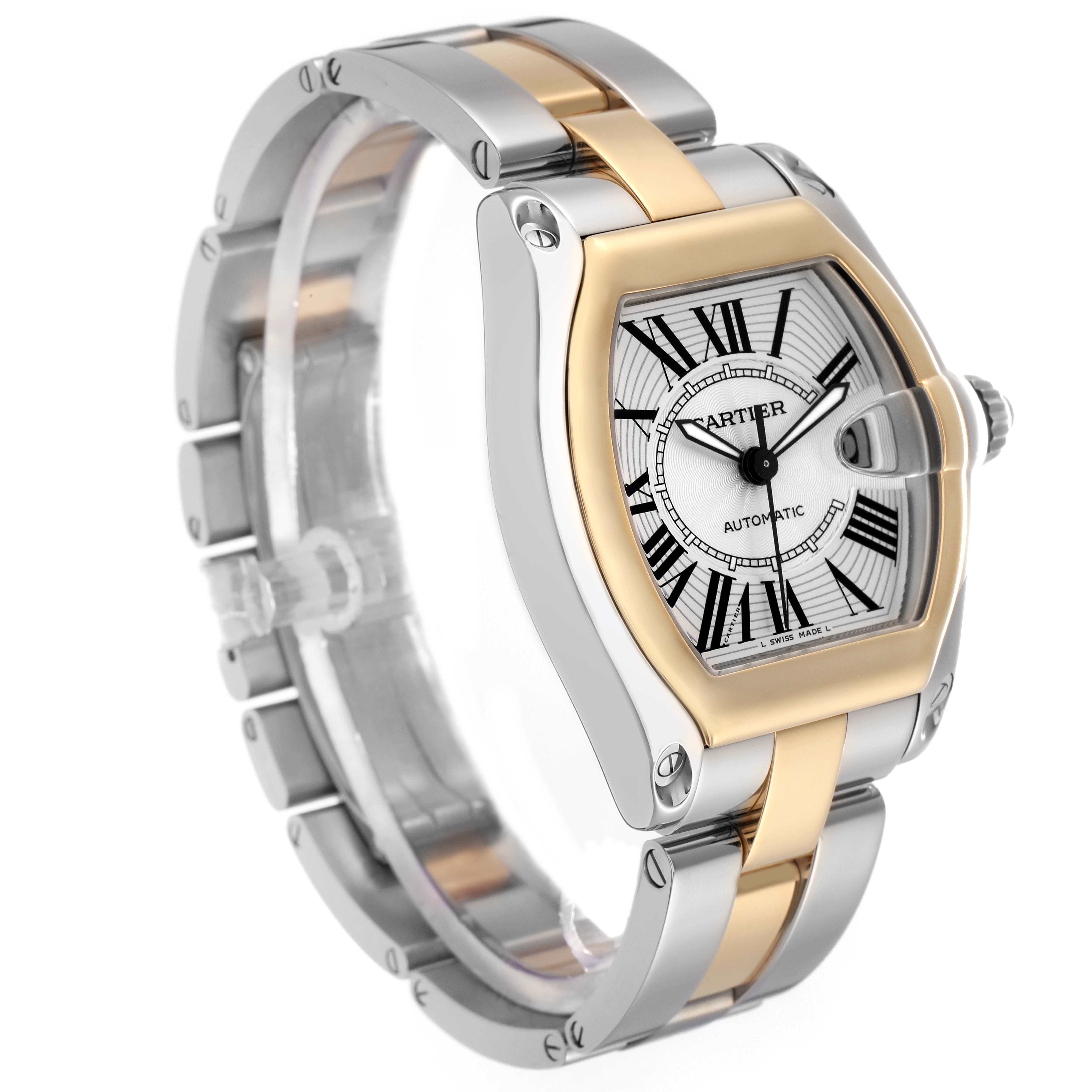 The Cartier Roadster men
s watch, model W62031Y4, is shown at a three-quarter angle highlighting the face, two-tone bracelet, and crown detail.