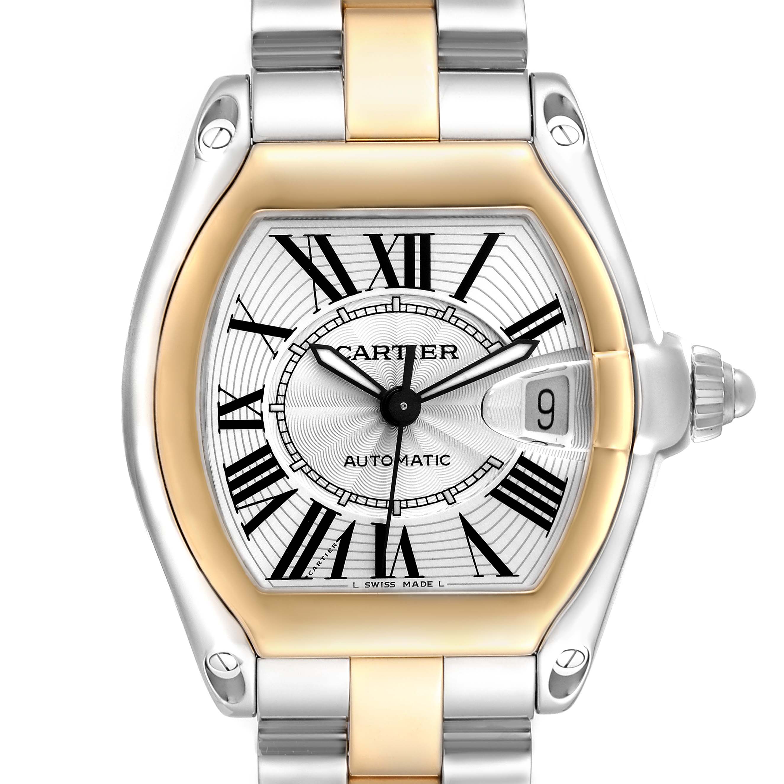 The image shows a frontal view of the Cartier Roadster W62031Y4 men
s watch, highlighting its silver and gold case, Roman numeral dial, and date window.