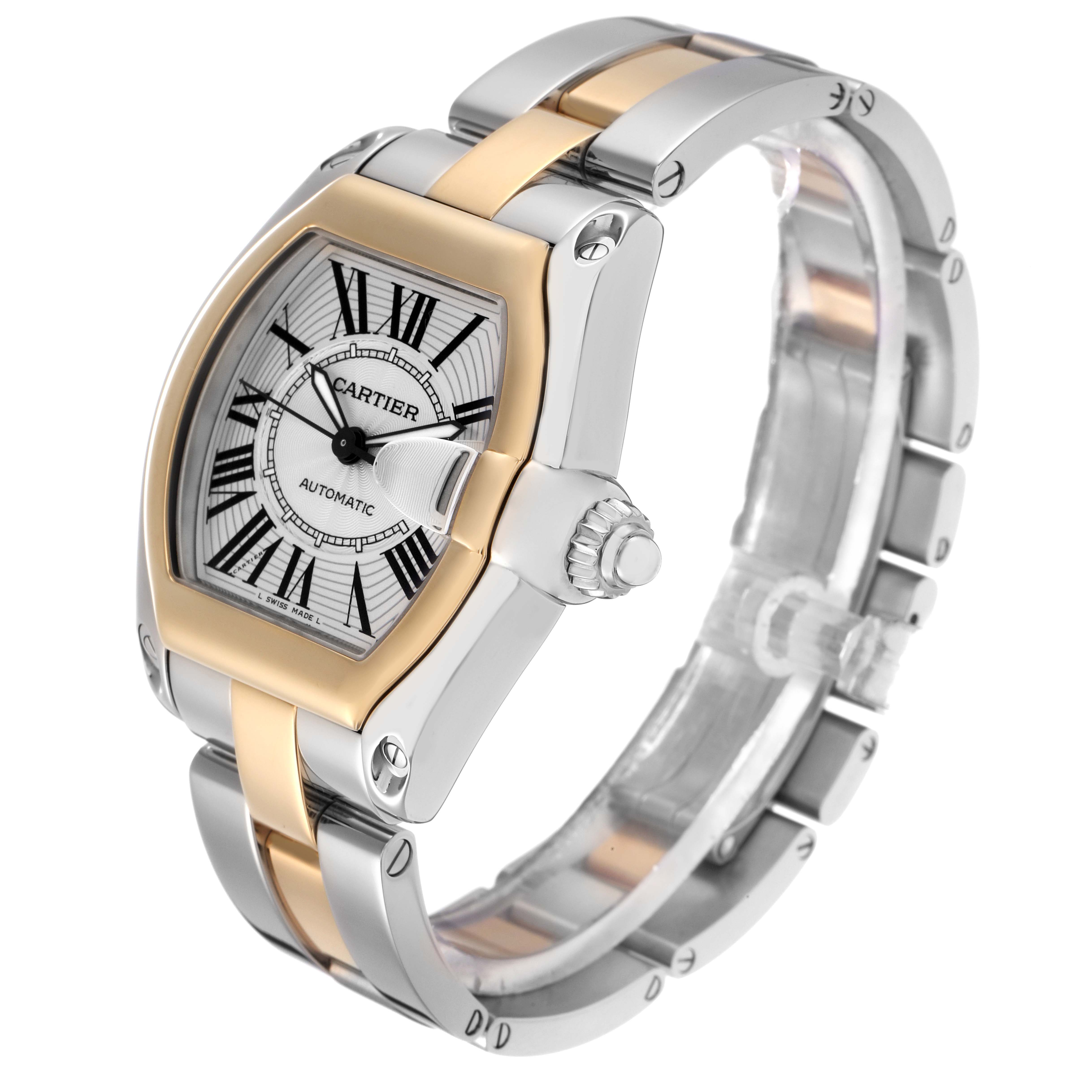 The Cartier Roadster W62031Y4 men
s watch is shown at an angle displaying the face, crown, and bracelet, highlighting its two-tone design and Roman numeral markers.