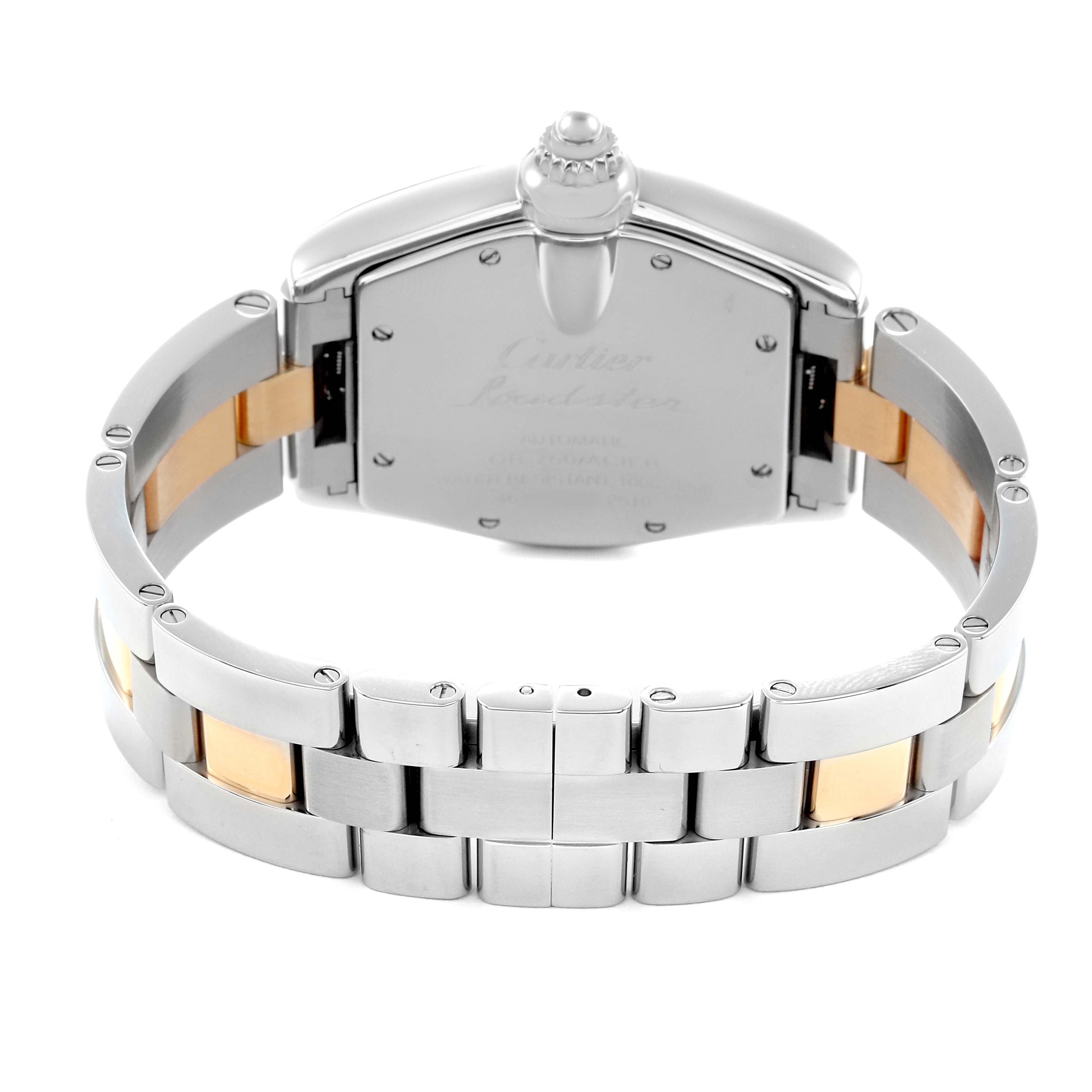 The image shows the back of a Cartier Roadster model W62031Y4 men
s watch, featuring the rear case and a two-tone metal bracelet.