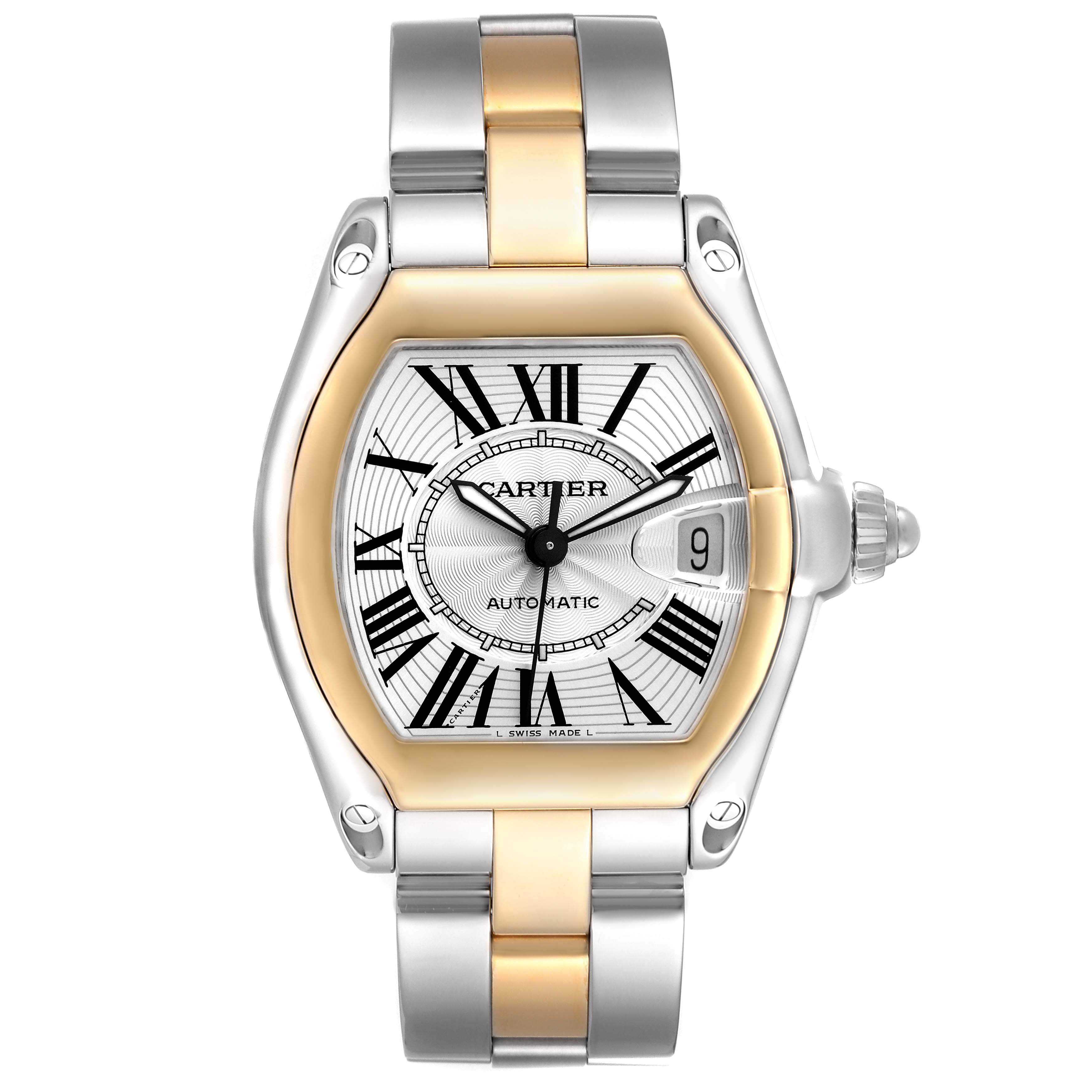 The Cartier Roadster model W62031Y4 watch is shown from a top-down angle, displaying its dial, bezel, and bracelet clearly.
