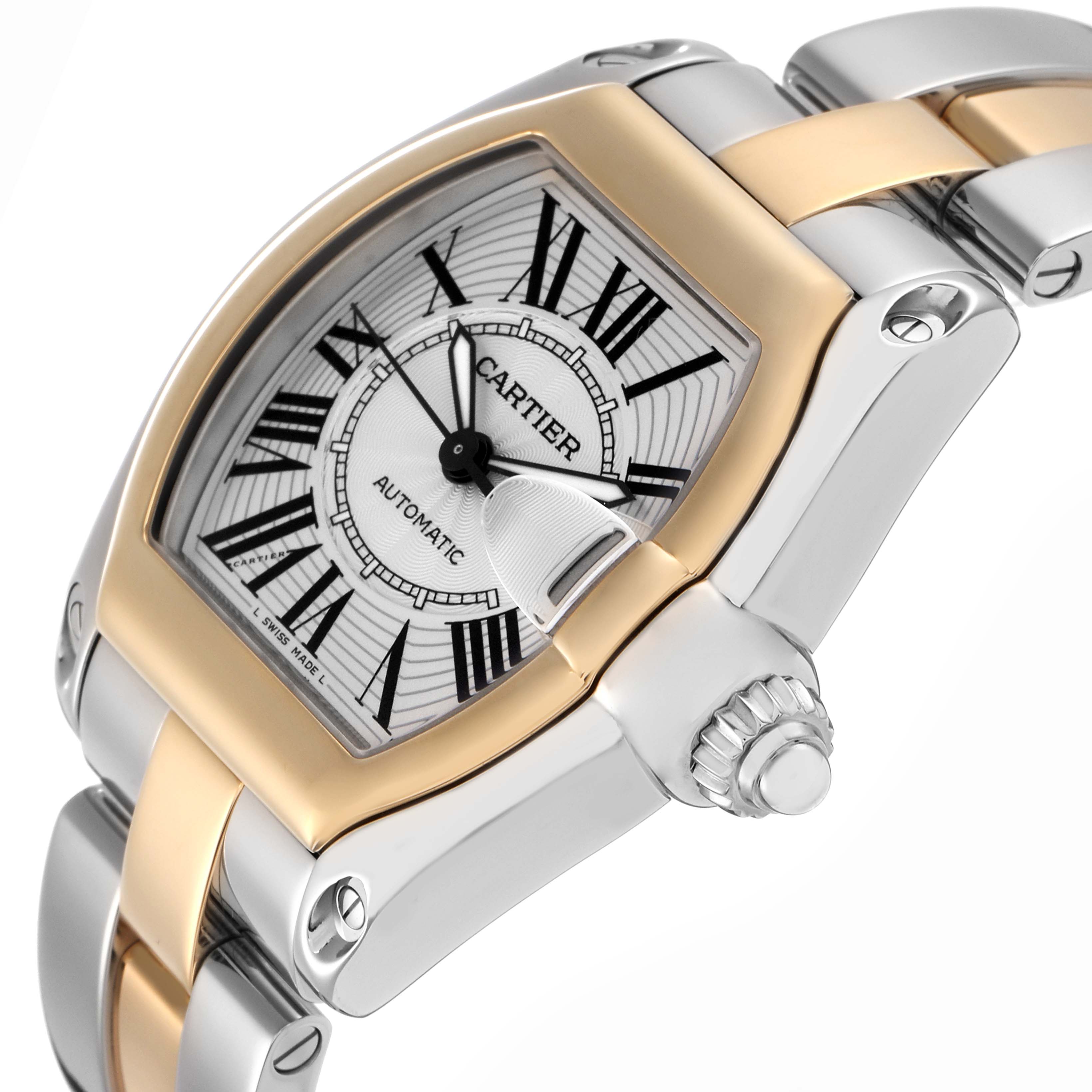The Cartier Roadster model W62031Y4 is shown at an angled close-up, highlighting the dial, crown, and part of the bracelet.