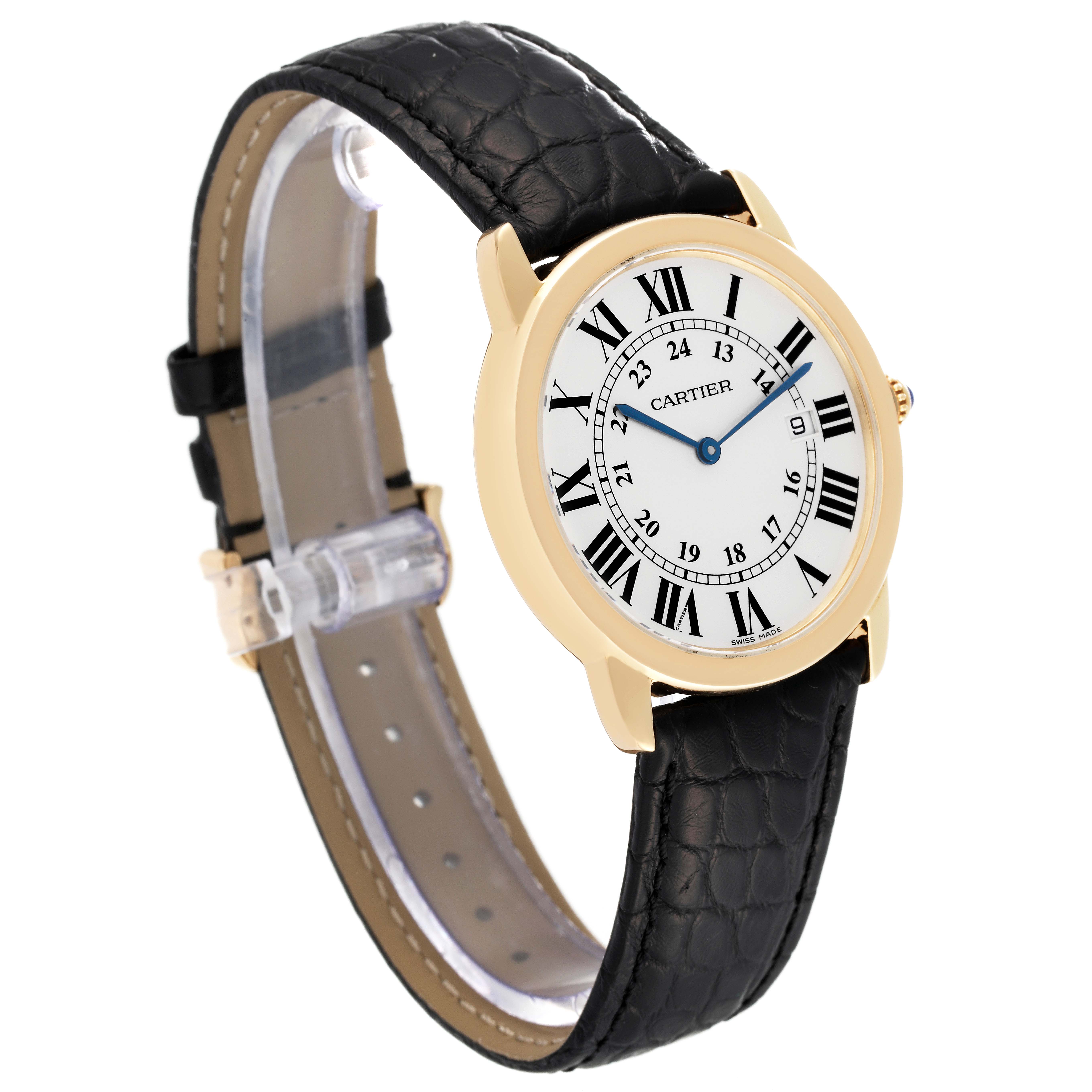 This Cartier Ronde W6700455 Men's Yellow Gold White Dial W6700455 Men's Yellow Gold White Dial model watch is shown at a slight angle, displaying the face, leather strap, and gold-tone case.