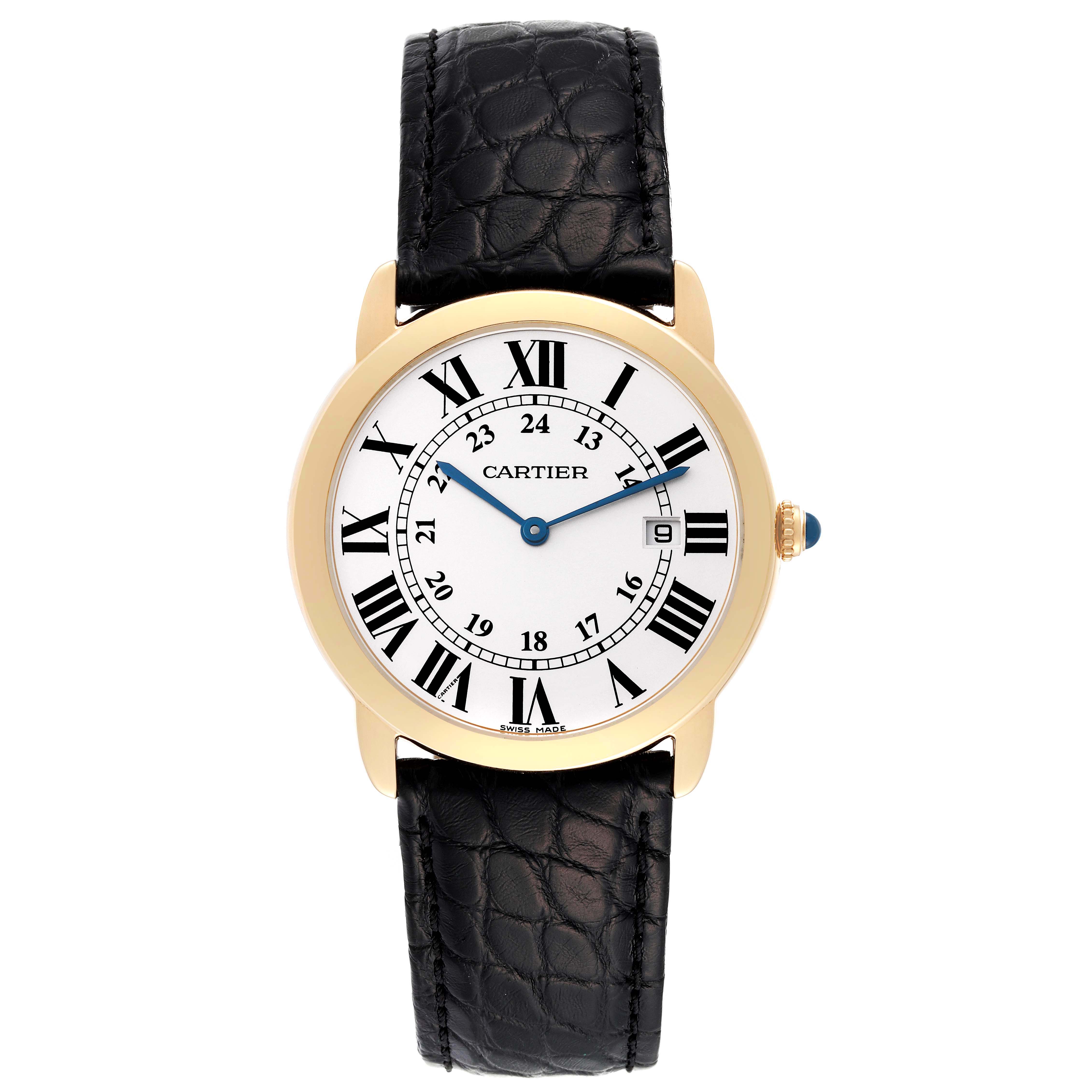 The image shows a front view of the Cartier Ronde W6700455 Men's Yellow Gold White Dial W6700455 Men's Yellow Gold White Dial model watch, featuring a round face with Roman numerals and a black leather strap.