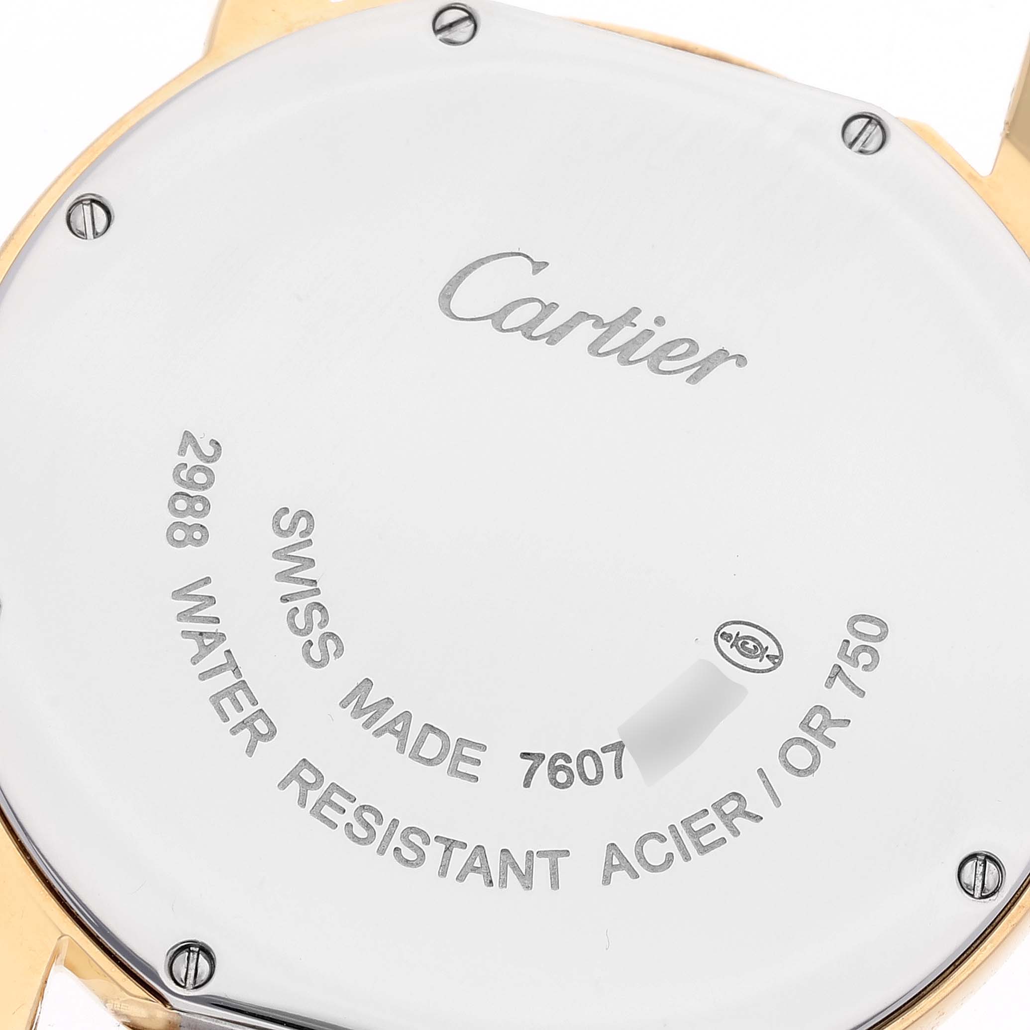 The image shows the back case of a Cartier Ronde W6700455 Men's Yellow Gold White Dial W6700455 Men's Yellow Gold White Dial watch, displaying brand engravings and specifications.