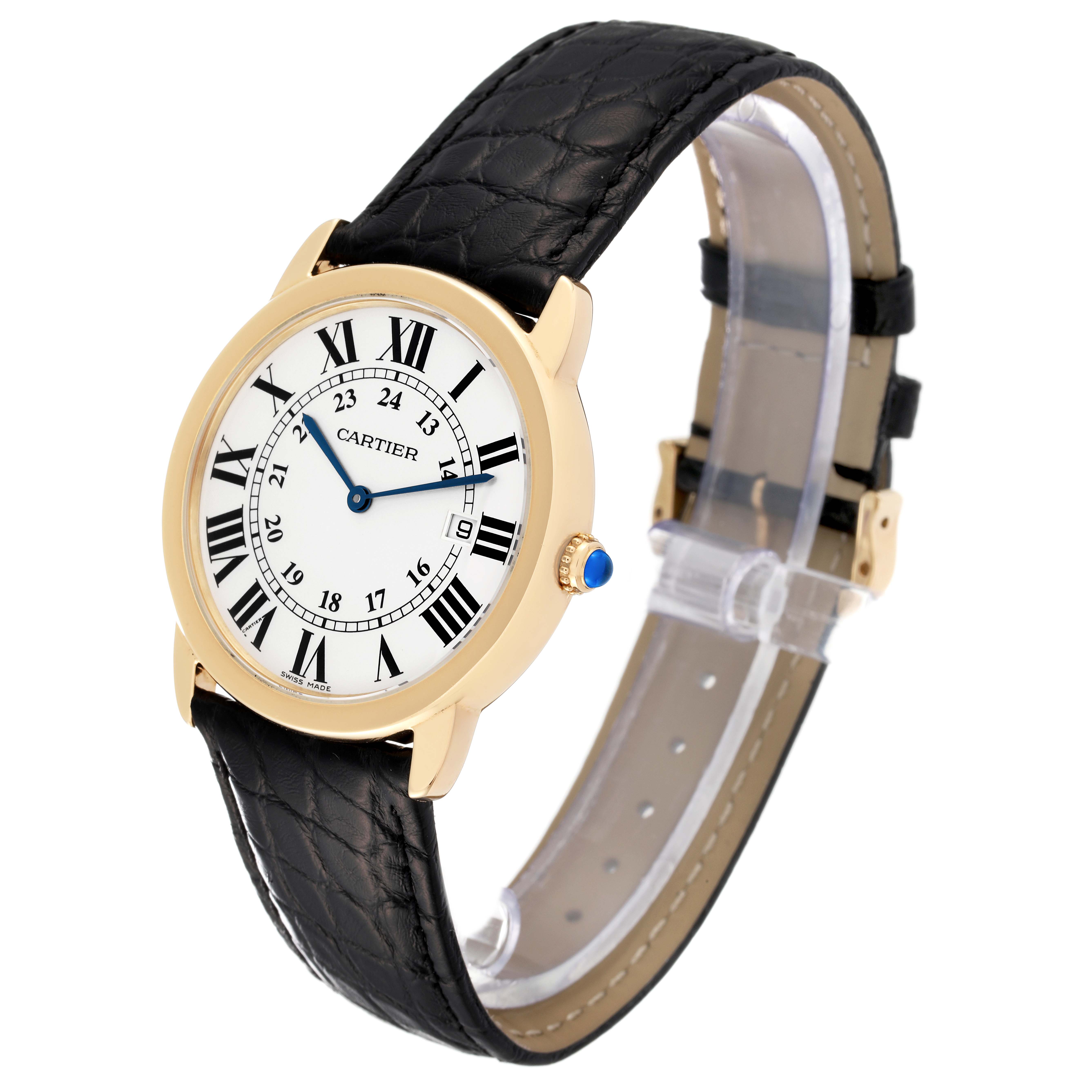 The image shows a Cartier Ronde W6700455 Men's Yellow Gold White Dial W6700455 Men's Yellow Gold White Dial watch from a front angle, displaying its face, strap, and clasp.