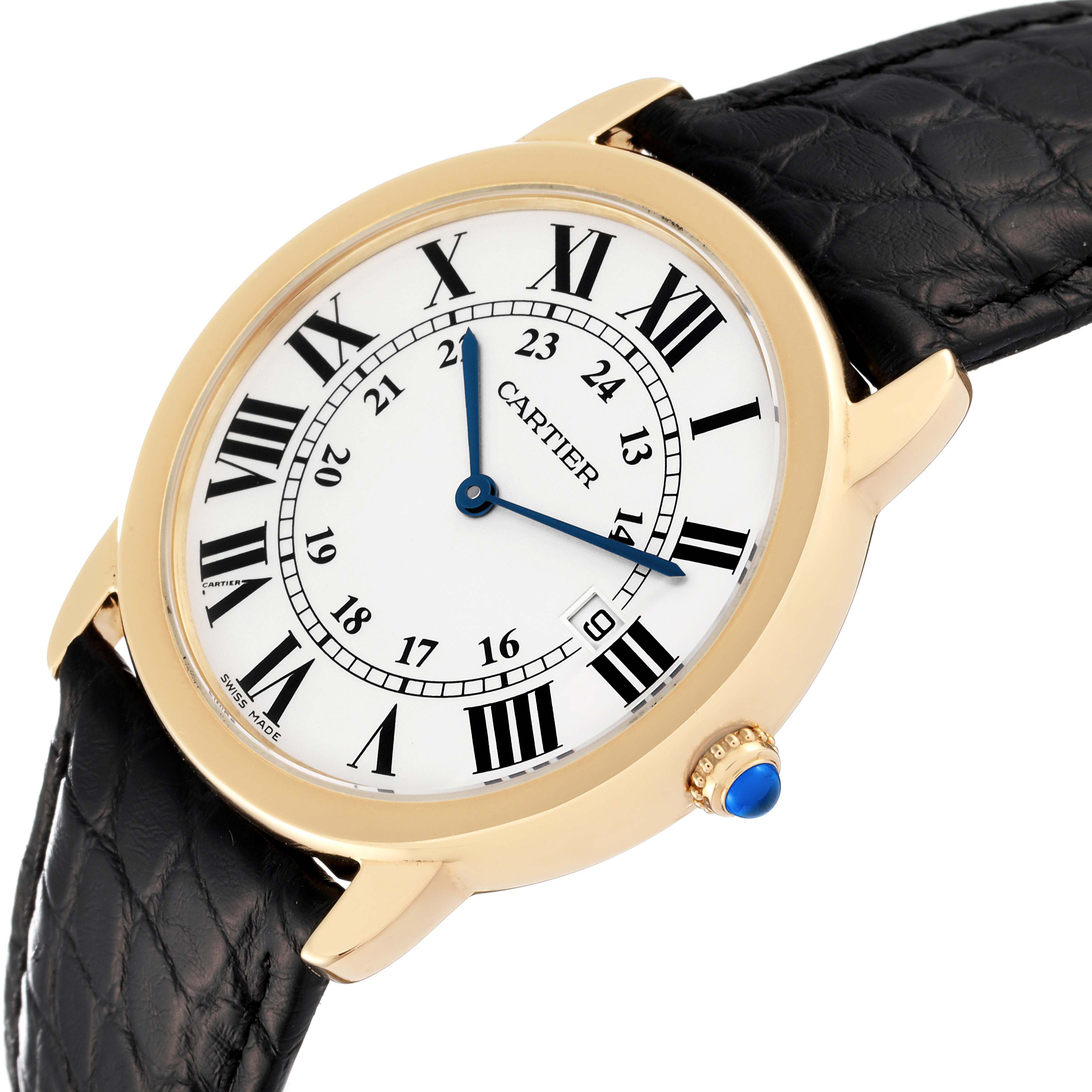 The Cartier Ronde W6700455 Men's Yellow Gold White Dial W6700455 Men's Yellow Gold White Dial model shows a close-up of its face, leather strap, and side crown at an oblique angle.