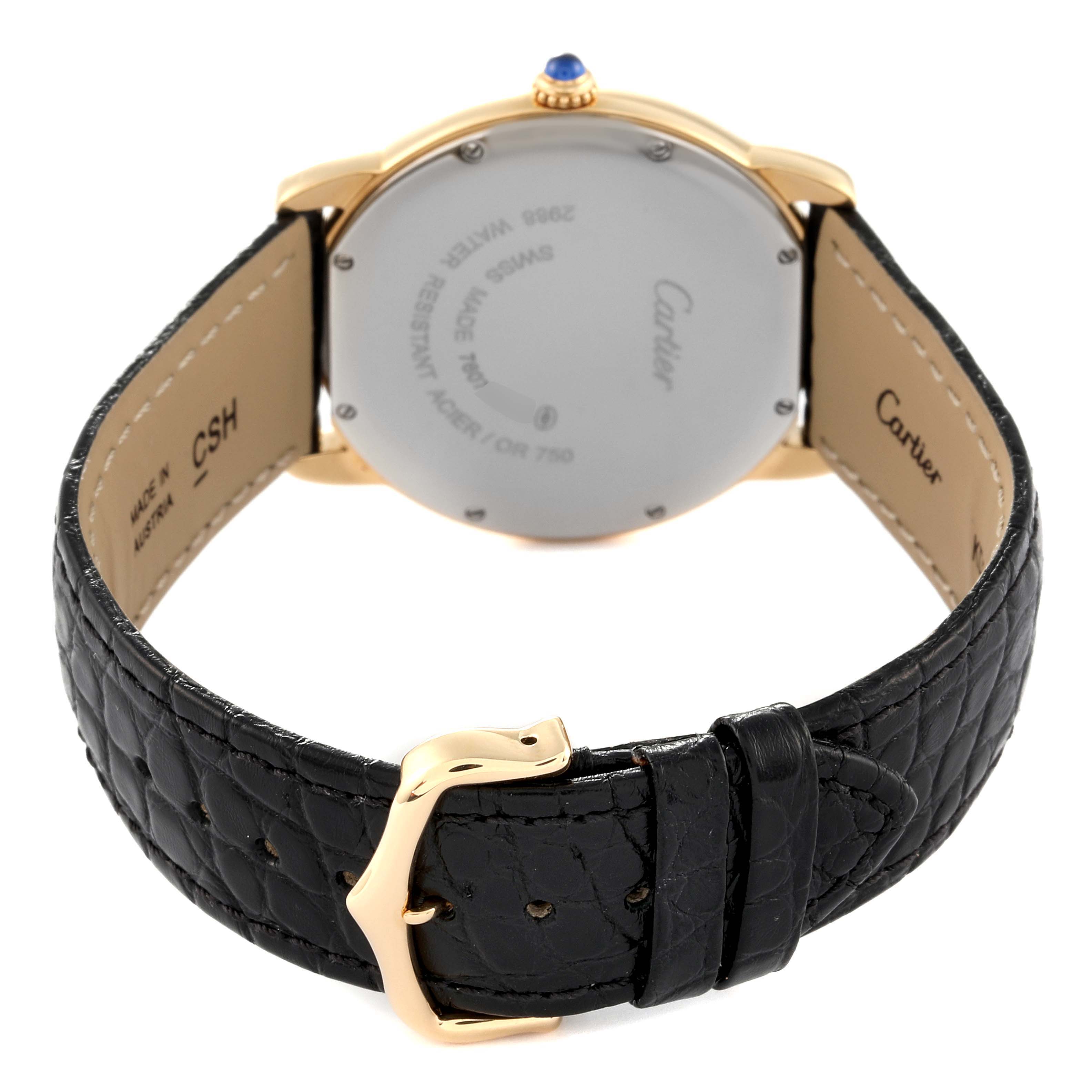 This image shows the back view of the Ronde model by Cartier, featuring the case back, strap, and buckle.