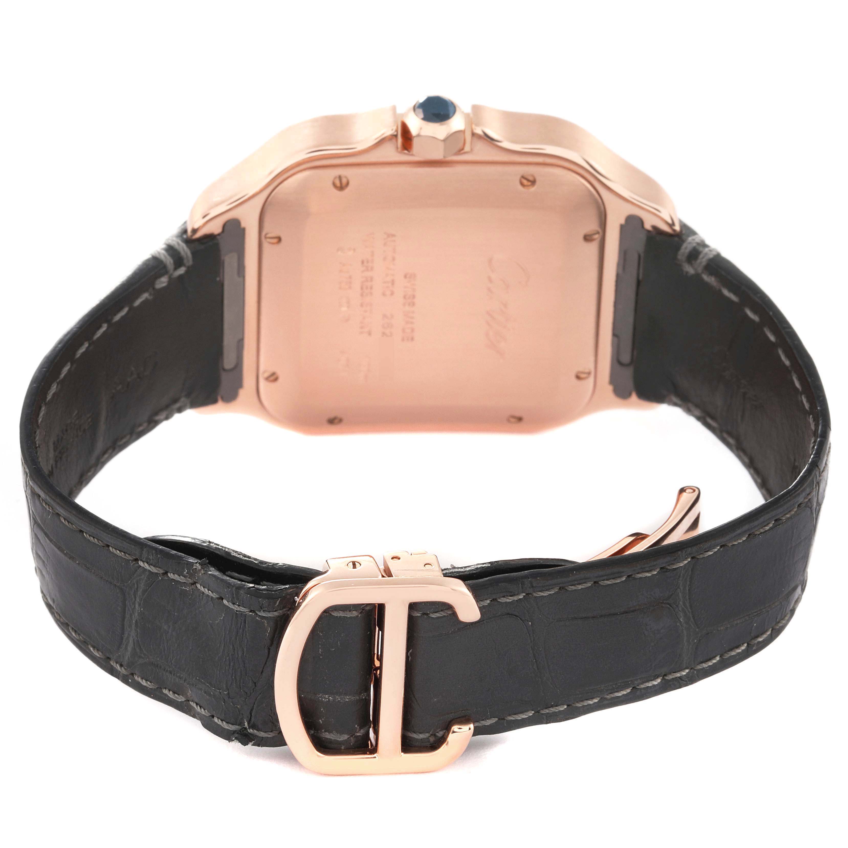 This image shows the back of a Cartier Santos WGSA0011 Men's Rose Gold Silver Dial WGSA0011 Men's Rose Gold Silver Dial watch with a visible rose gold case, leather strap, and buckle.