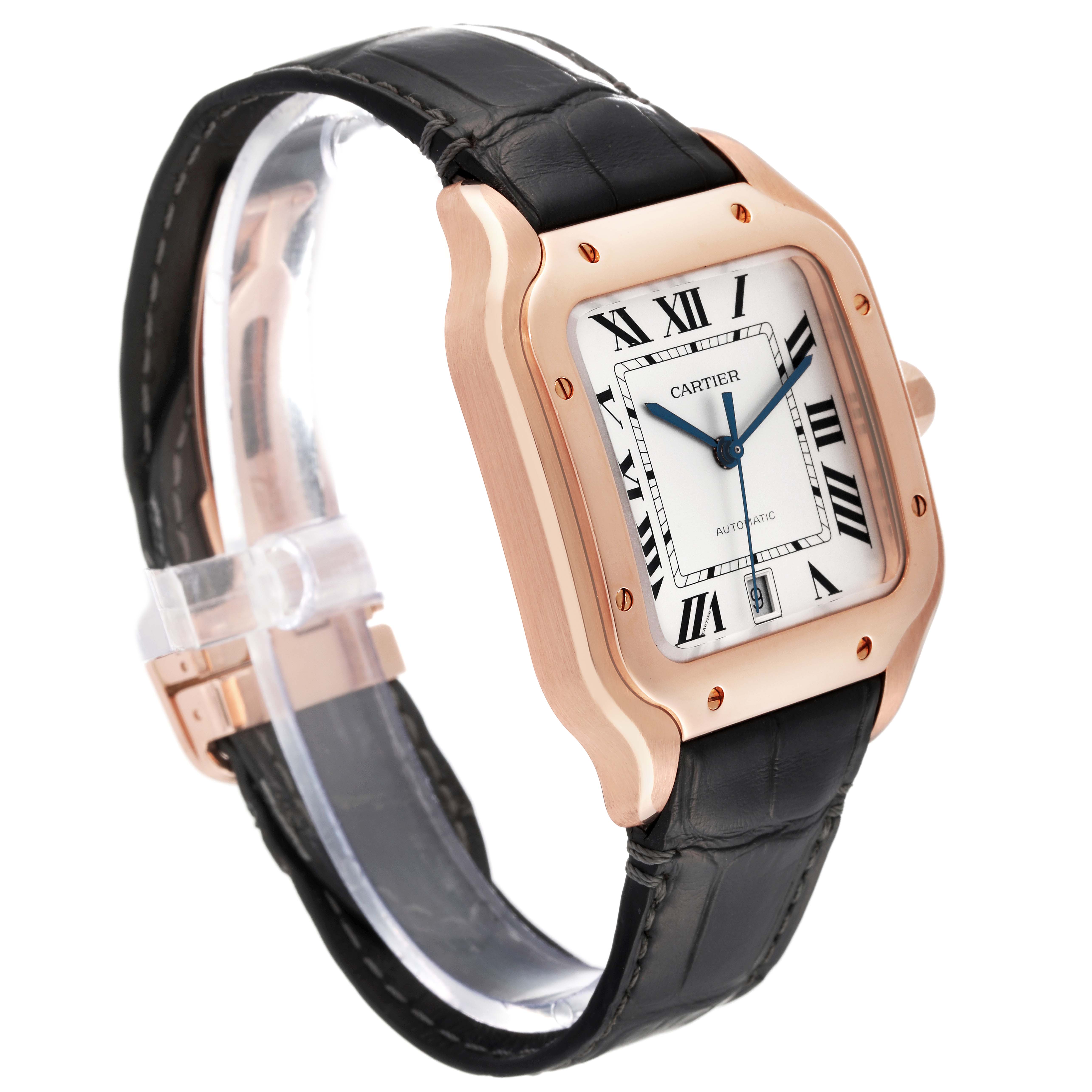The Cartier Santos WGSA0011 Men's Rose Gold Silver Dial WGSA0011 Men's Rose Gold Silver Dial watch is shown at a side angle, displaying the face, bezel, and part of the black leather strap.