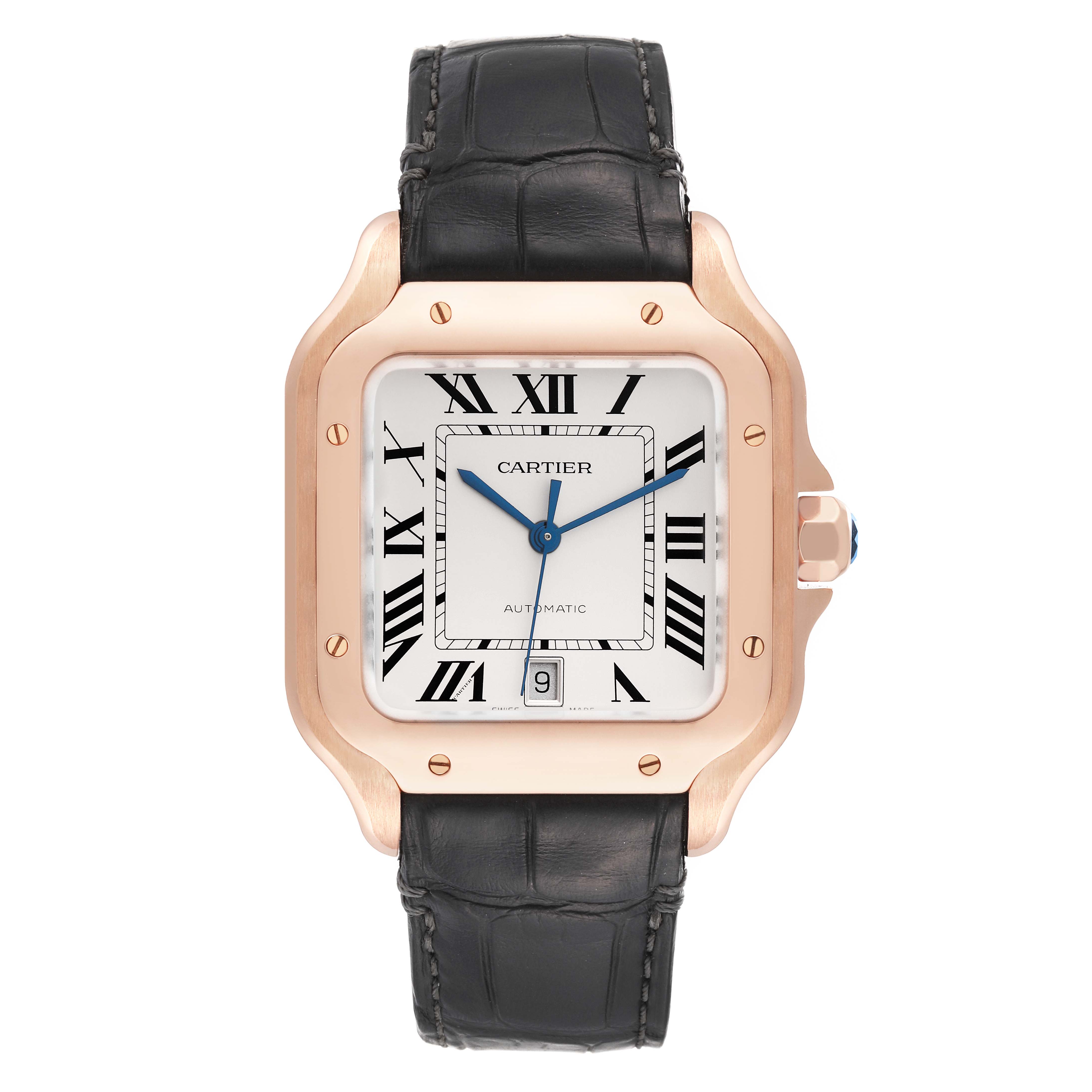 The Cartier Santos WGSA0011 Men's Rose Gold Silver Dial WGSA0011 Men's Rose Gold Silver Dial watch is shown from the front, displaying the face, dial, case, and leather strap.