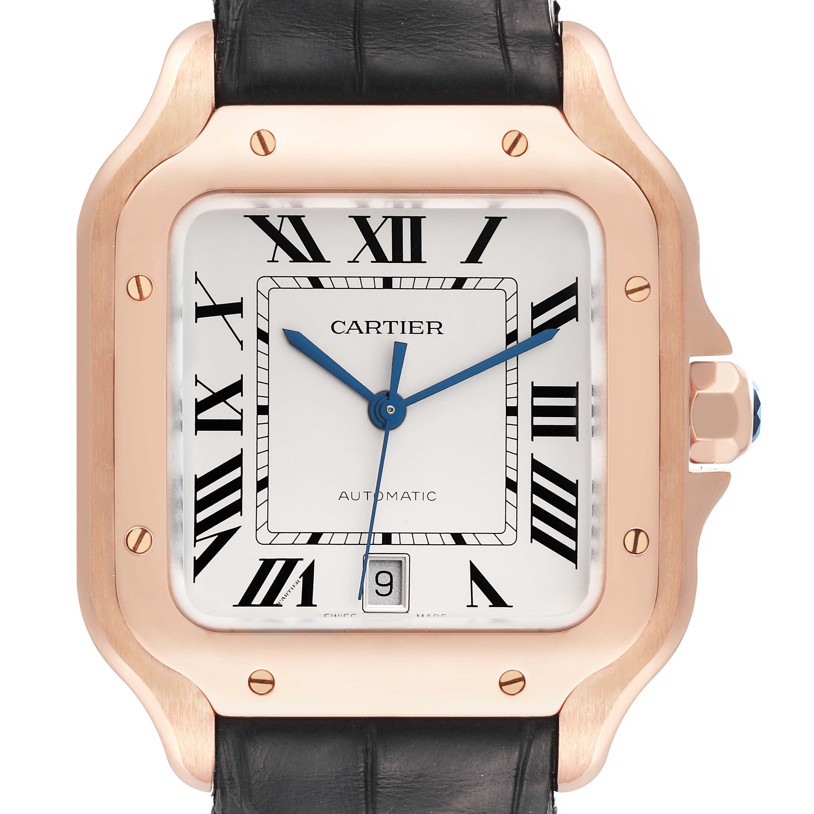 The image shows a close-up view of the face and bezel of a Cartier Santos WGSA0011 Men's Rose Gold Silver Dial WGSA0011 Men's Rose Gold Silver Dial watch, showcasing its dial, case, and strap.