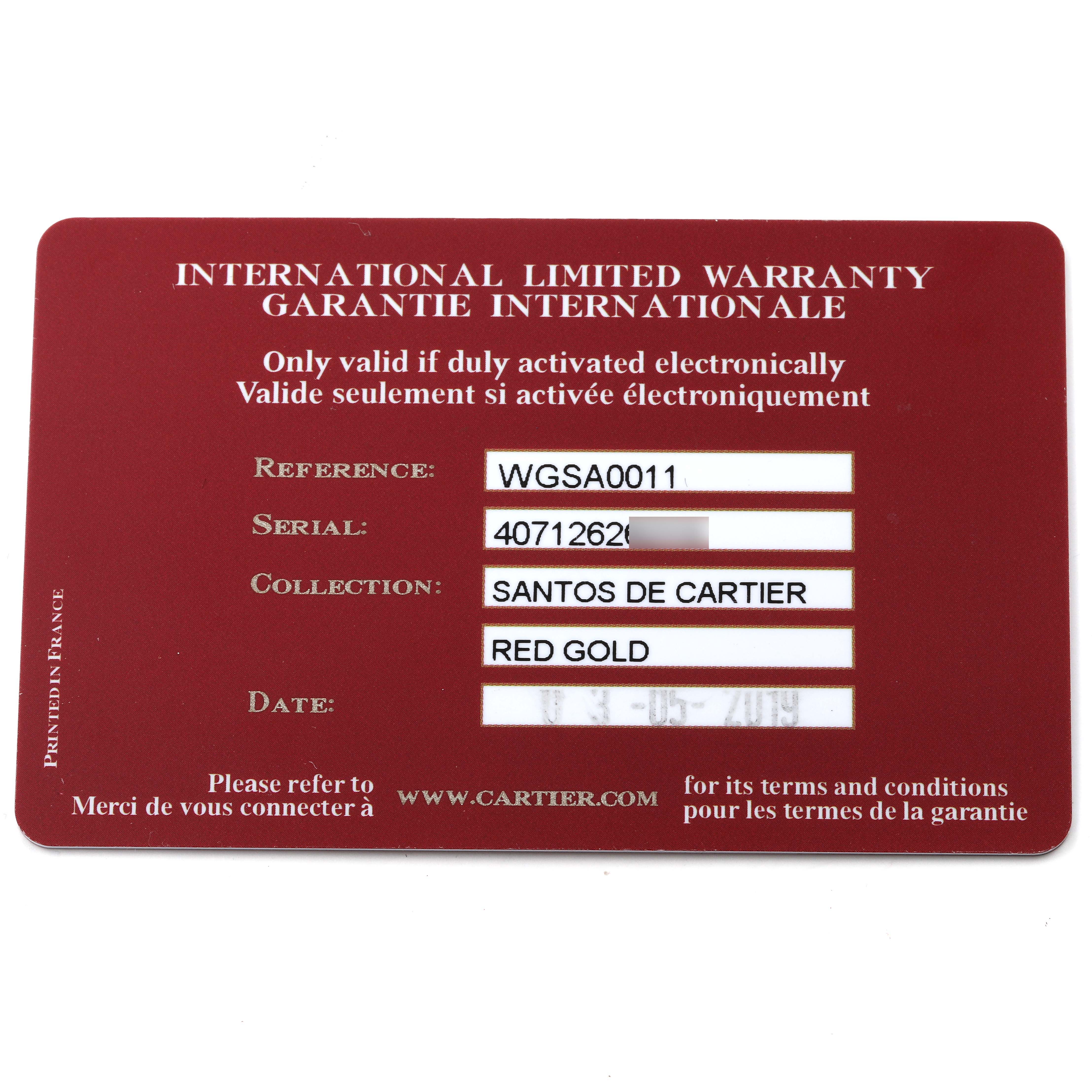This image shows the international limited warranty card for the Santos de Cartier model watch.