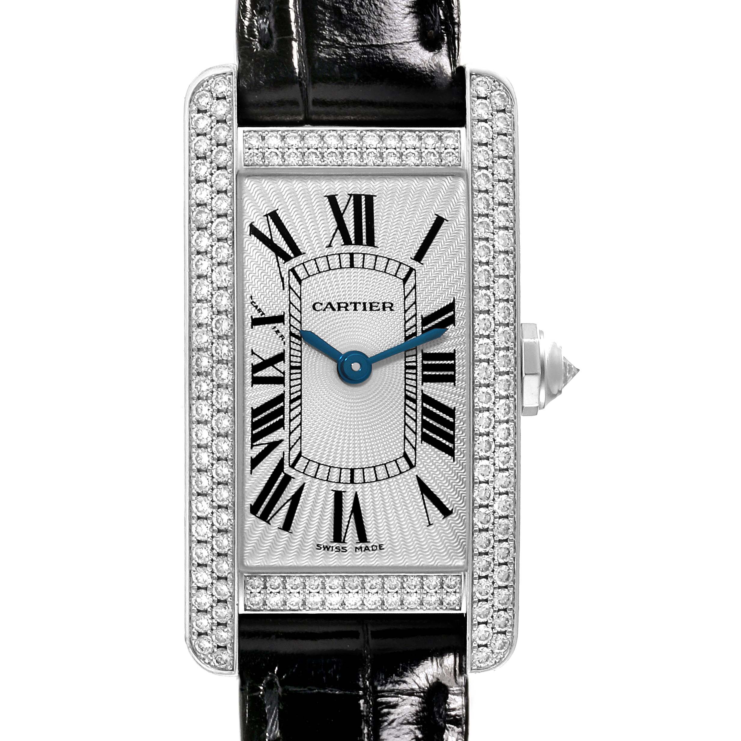 The image shows a front view of the Cartier Tank Americaine WB704431 Women's White Gold Silver Dial WB704431 Women's White Gold Silver Dial watch, highlighting the face, roman numerals, bezel, and straps.