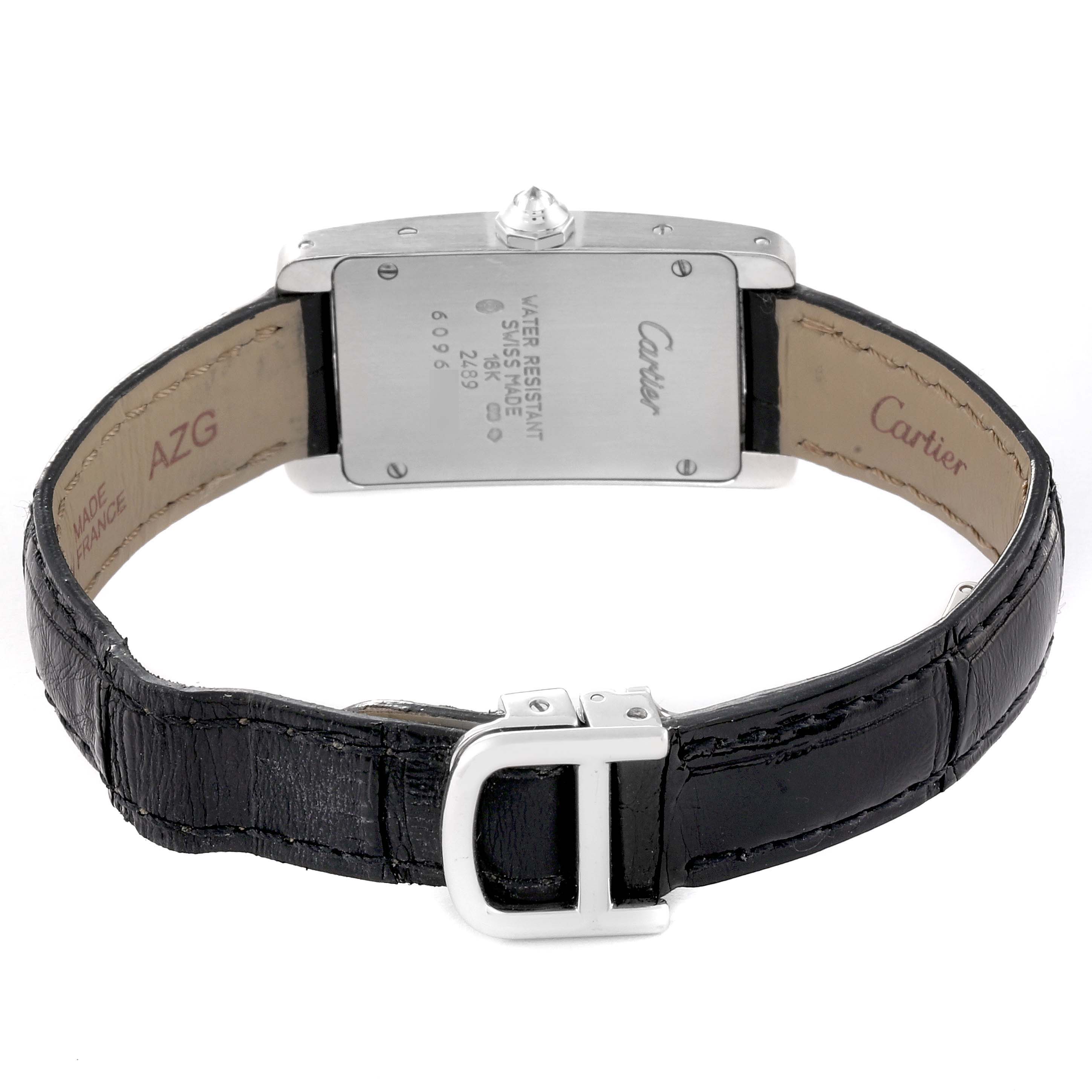 The image shows the back view of the Cartier Tank Americaine WB704431 Women's White Gold Silver Dial WB704431 Women's White Gold Silver Dial watch, including the case back and black leather strap with buckle.