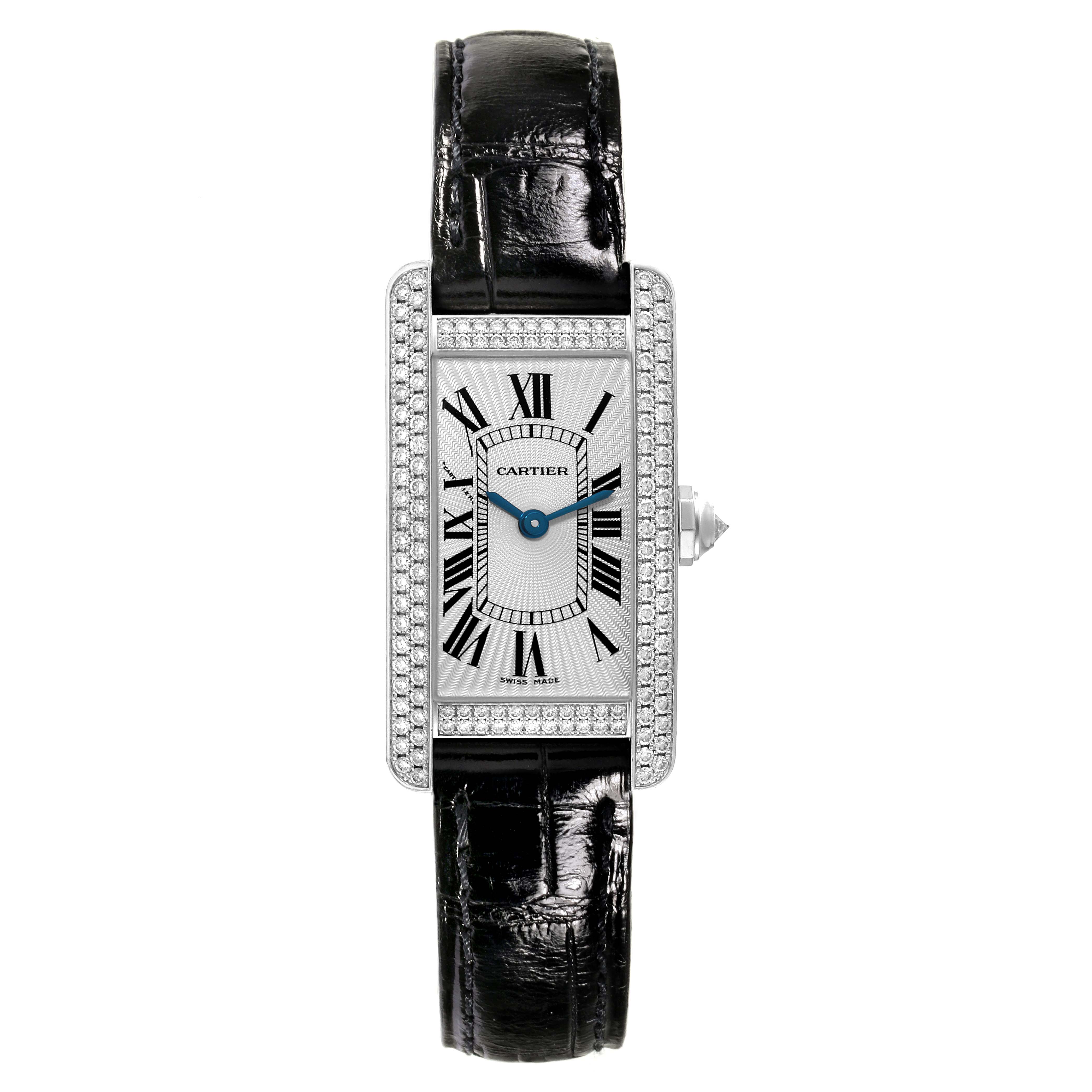 The image shows a front view of the Cartier Tank Américaine watch, highlighting its rectangular face, leather strap, and diamond-studded bezel.