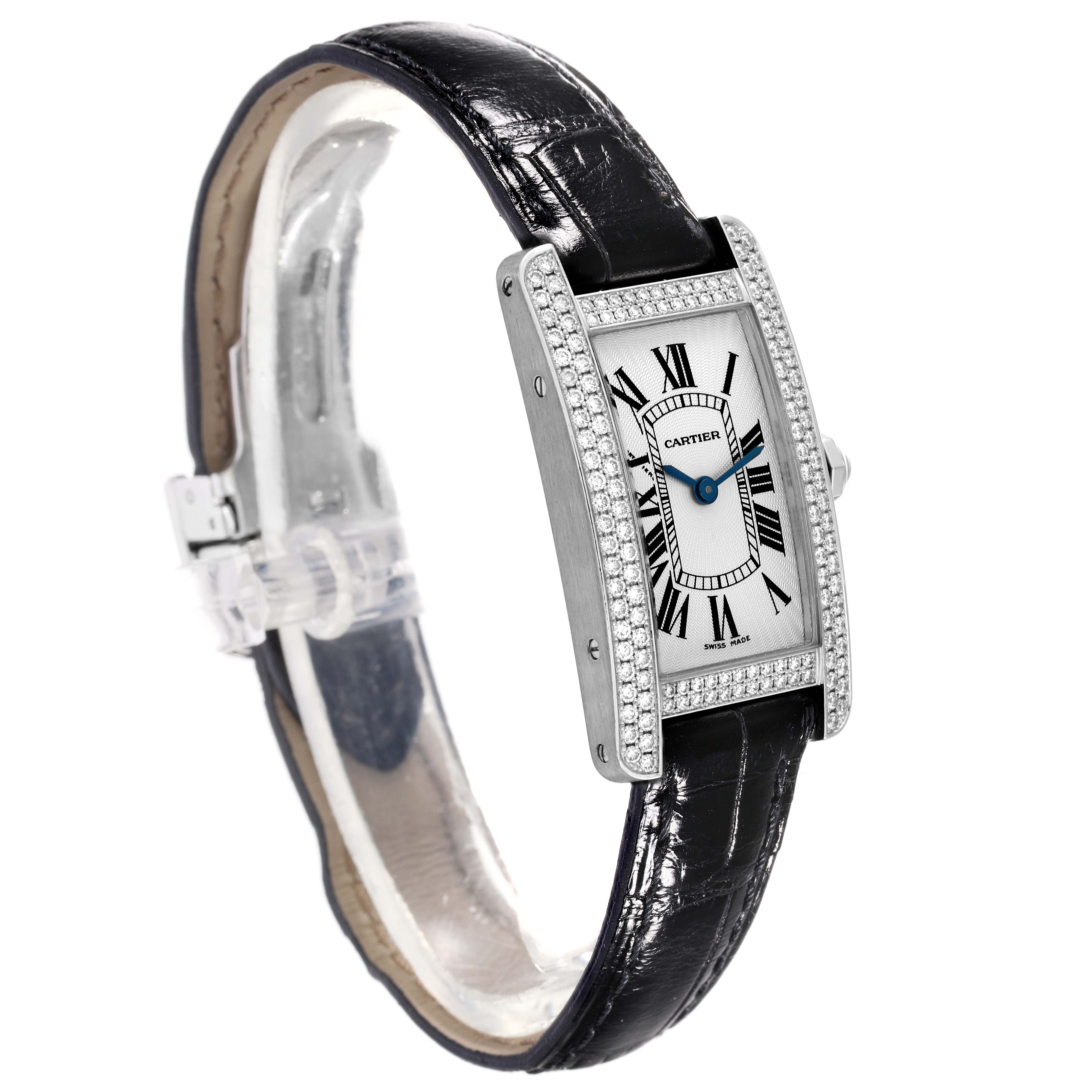 The image shows a Cartier Tank Americaine WB704431 Women's White Gold Silver Dial WB704431 Women's White Gold Silver Dial watch at a three-quarter angle, showcasing the face, bezel, and leather strap.