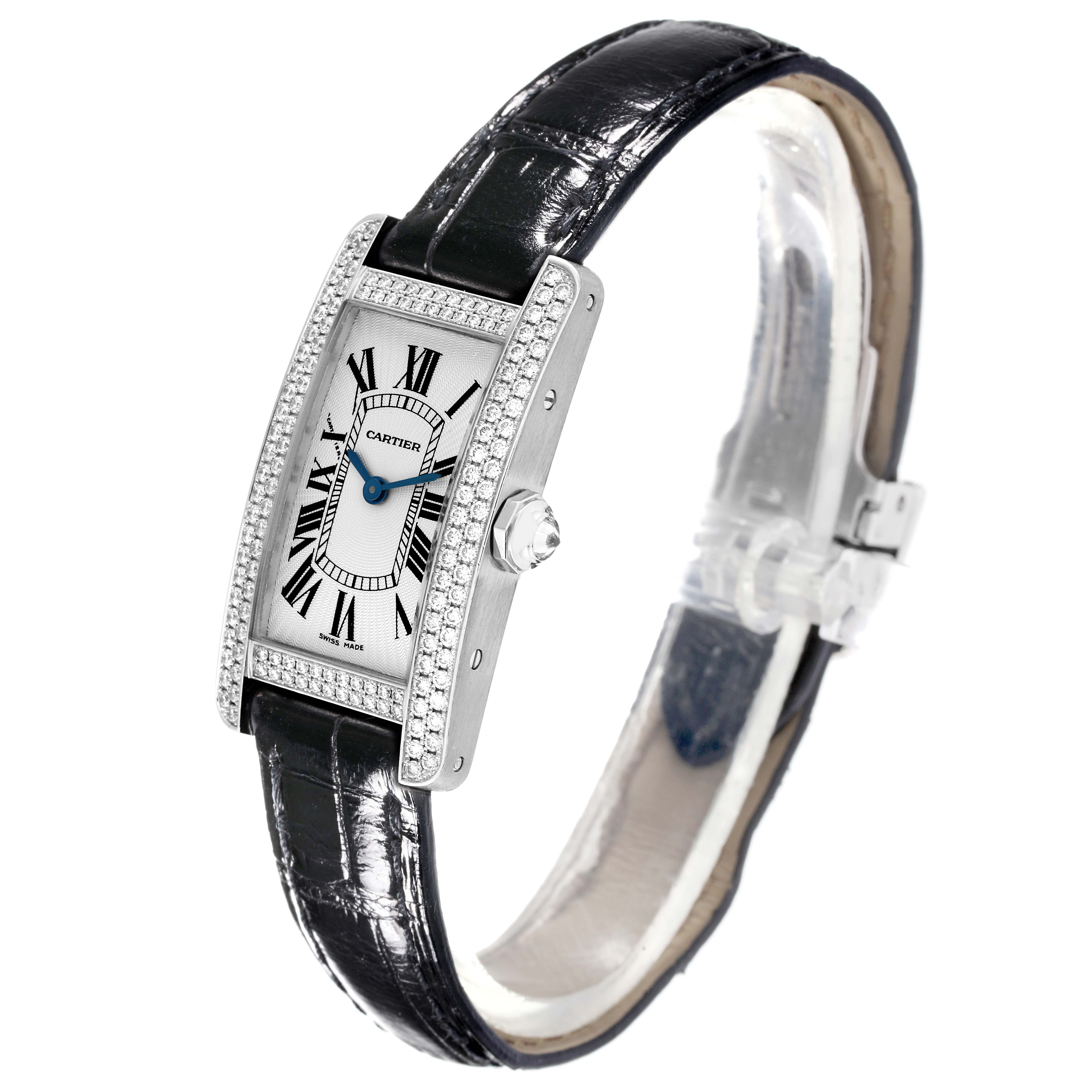 The image shows a Cartier Tank Americaine WB704431 Women's White Gold Silver Dial WB704431 Women's White Gold Silver Dial watch at a slight side angle, highlighting its rectangular face, leather strap, and diamond bezel.