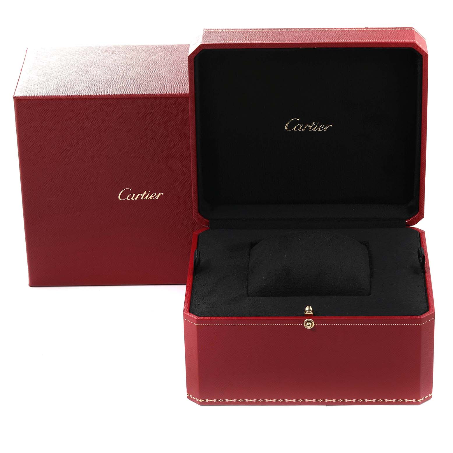 The image shows an open red Cartier watch box for the Tank Americaine model, with the brand name visible inside.