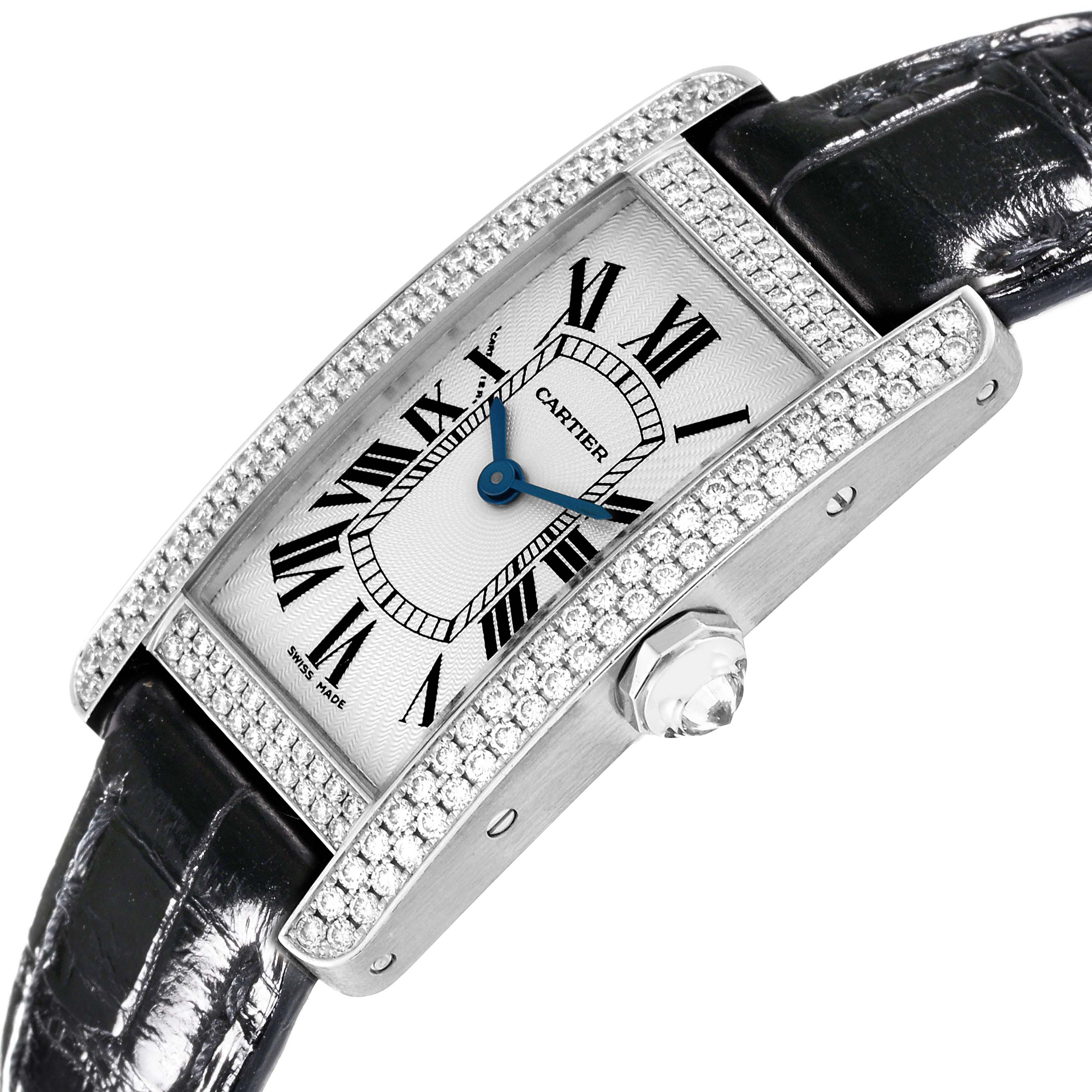 This Cartier Tank Américaine watch is shown at an angled side view, highlighting its diamond-studded case and octagonal crown.