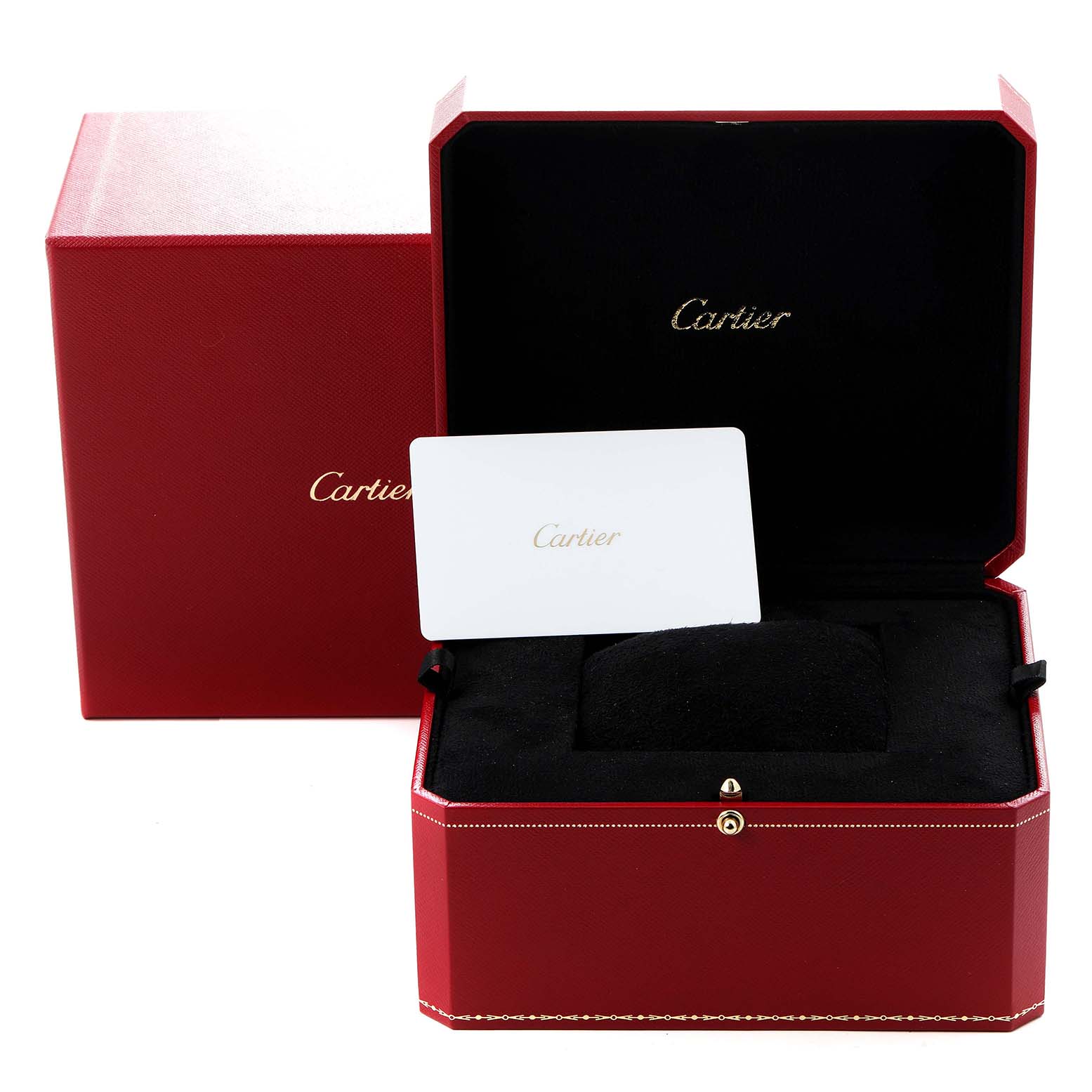 The image shows a Cartier Tank Americaine model WJTA0044 watch box with a red exterior, open lid, black interior, and a white Cartier-branded card.