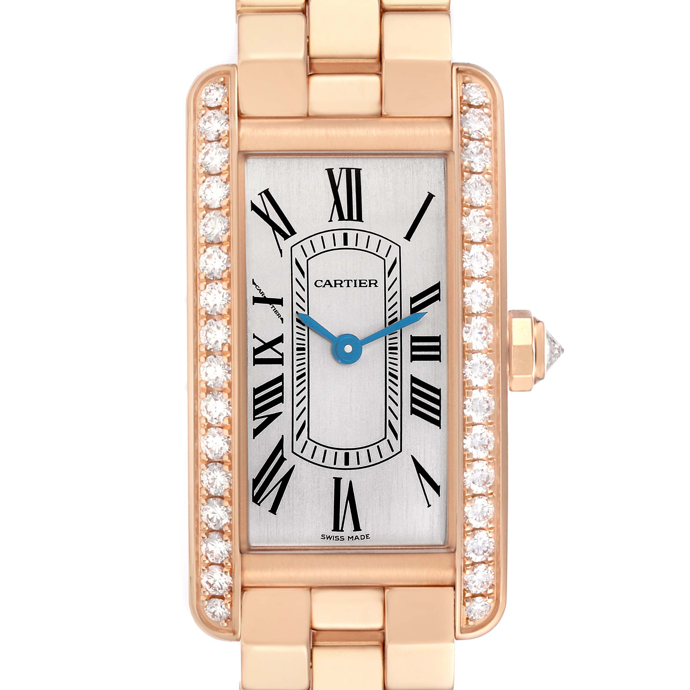 The Cartier Tank Américaine WJTA0044 watch is shown from a front view, highlighting its rectangular face, Roman numerals, diamond bezel, and rose gold bracelet.