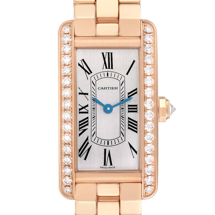 The Cartier Tank Américaine WJTA0044 watch is shown from a front view, highlighting its rectangular face, Roman numerals, diamond bezel, and rose gold bracelet.