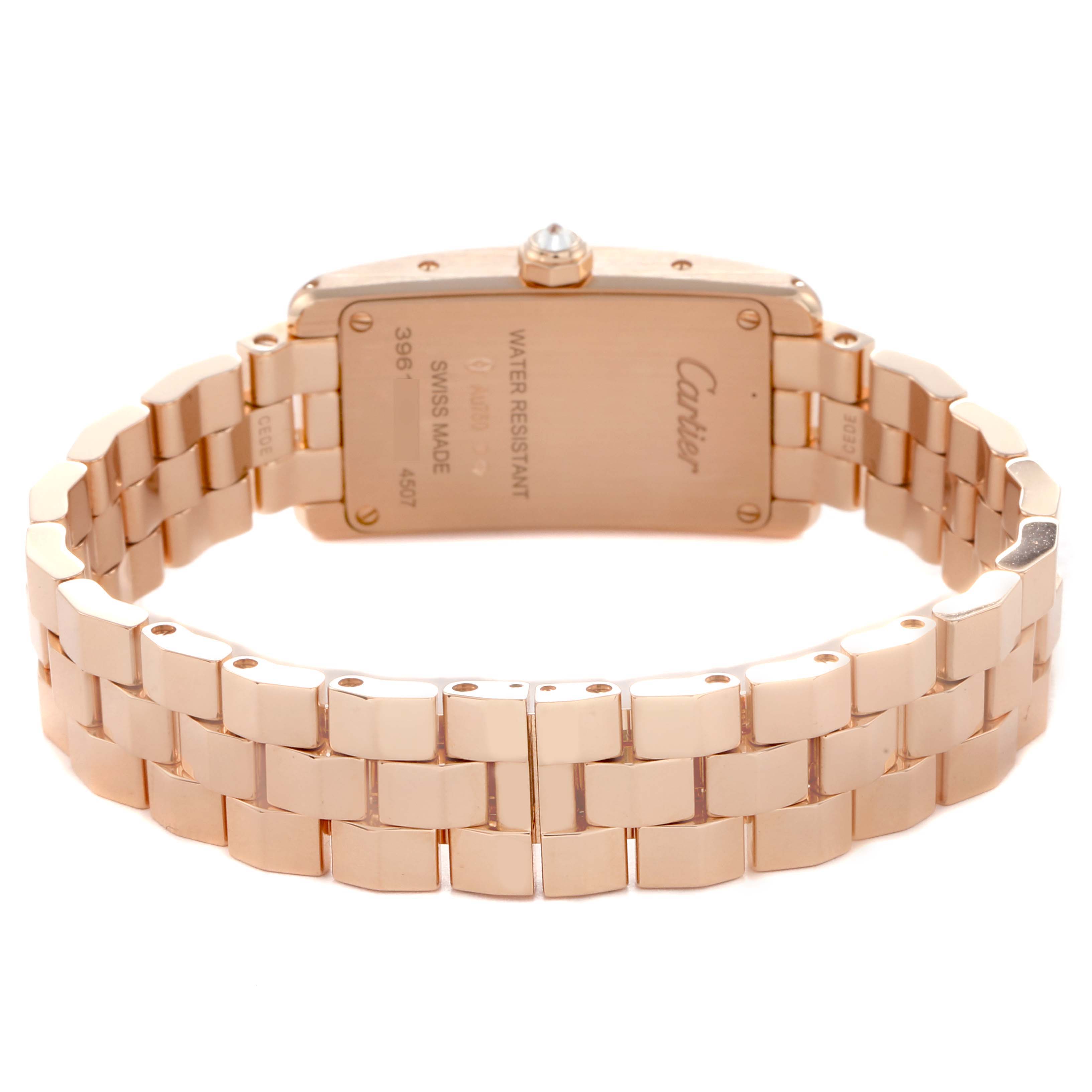 The image shows a rear view of the Cartier Tank Americaine model WJTA0044 men's watch, highlighting the back case and bracelet.