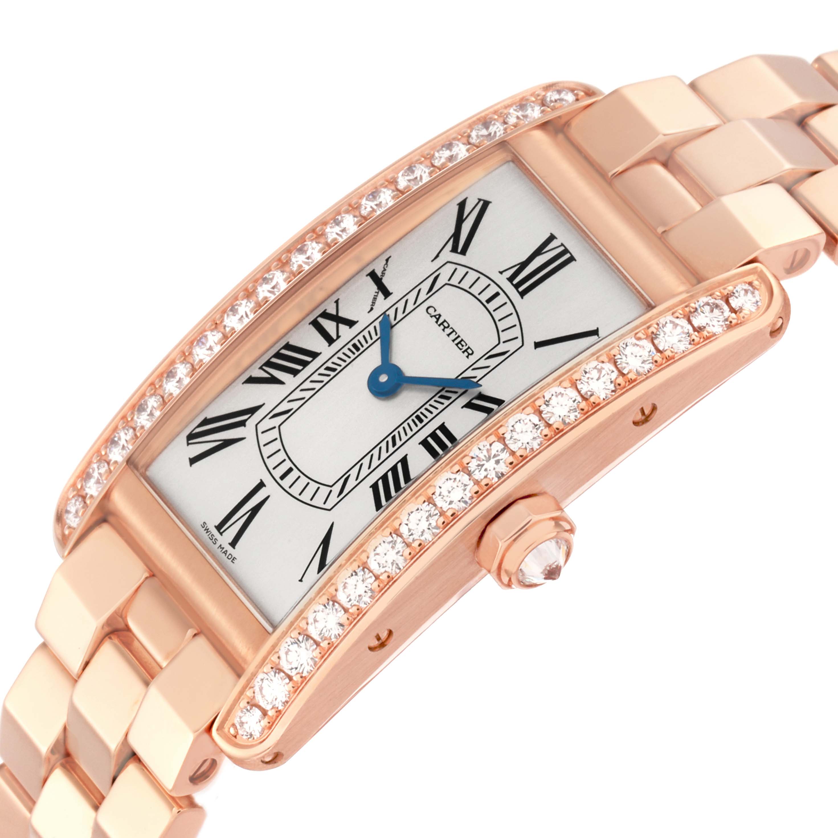 The Cartier Tank Americaine model WJTA0044 watch showcases a partial side view with its rectangular dial, diamond-set bezel, and linked bracelet.