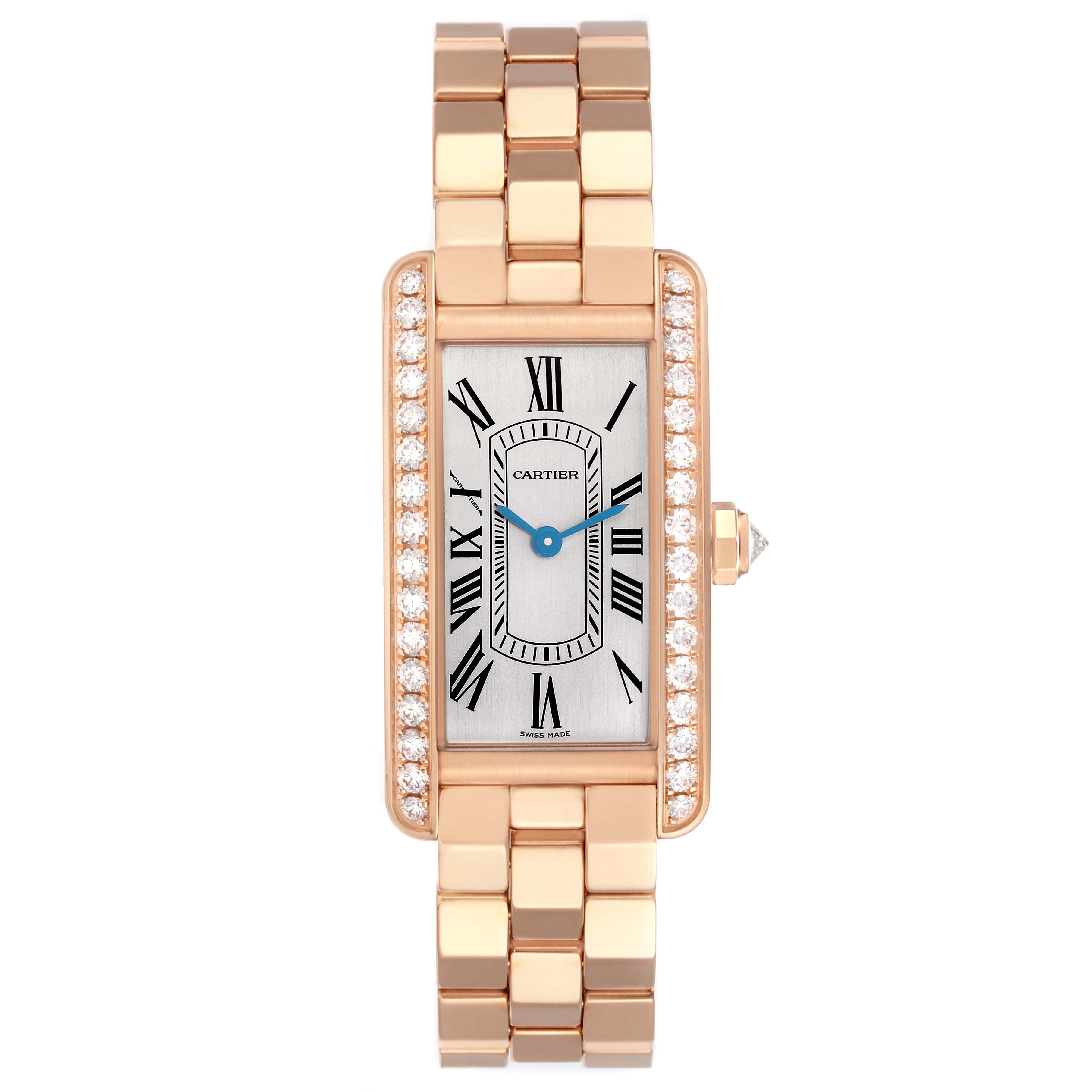 The Cartier Tank Americaine WJTA0044 men's watch is shown from a top-down angle, highlighting the rectangular face, Roman numerals, and diamond-set bezel.