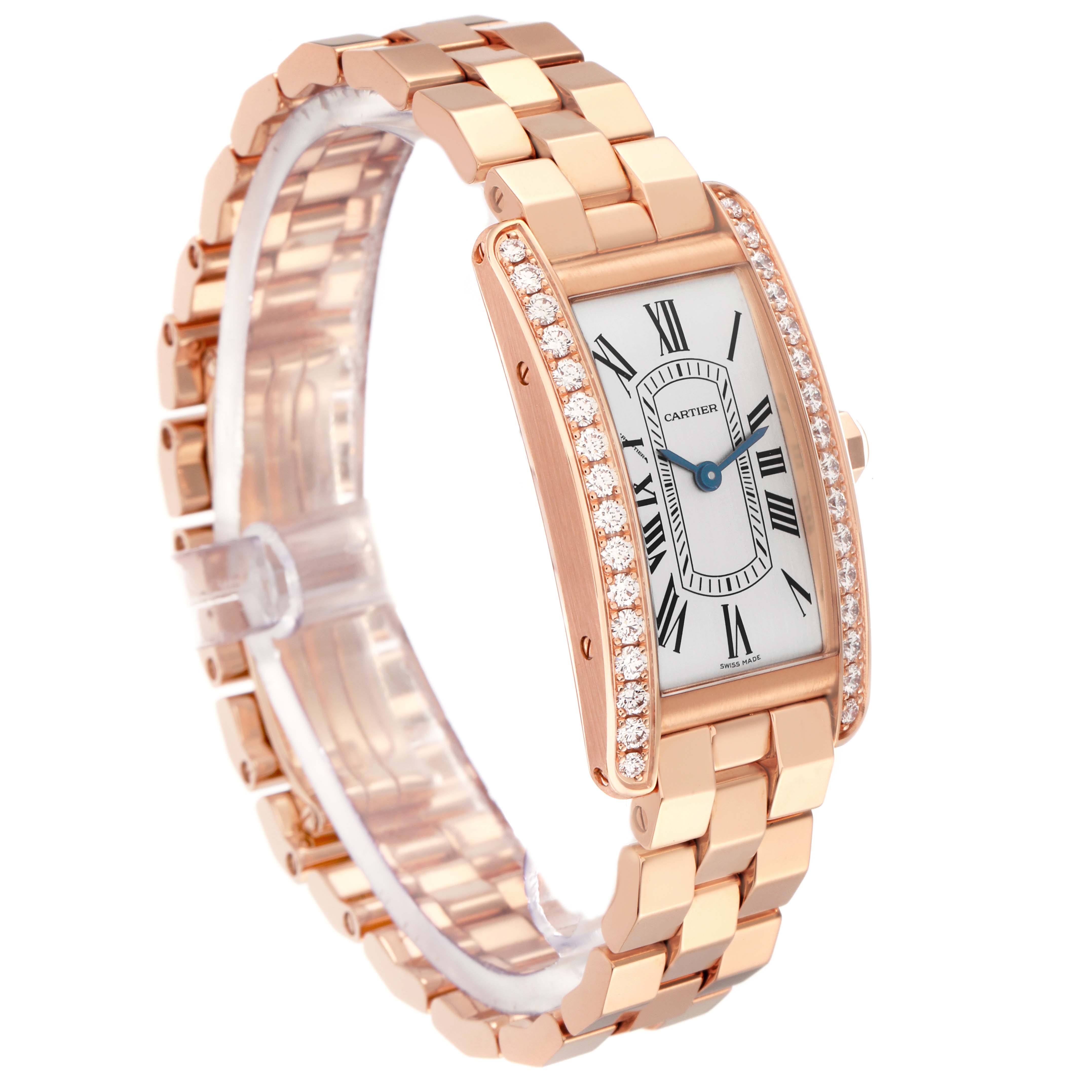 The Cartier Tank Americaine WJTA0044 is shown at a three-quarter angle, highlighting the rose gold case, diamond bezel, Roman numeral dial, and bracelet.