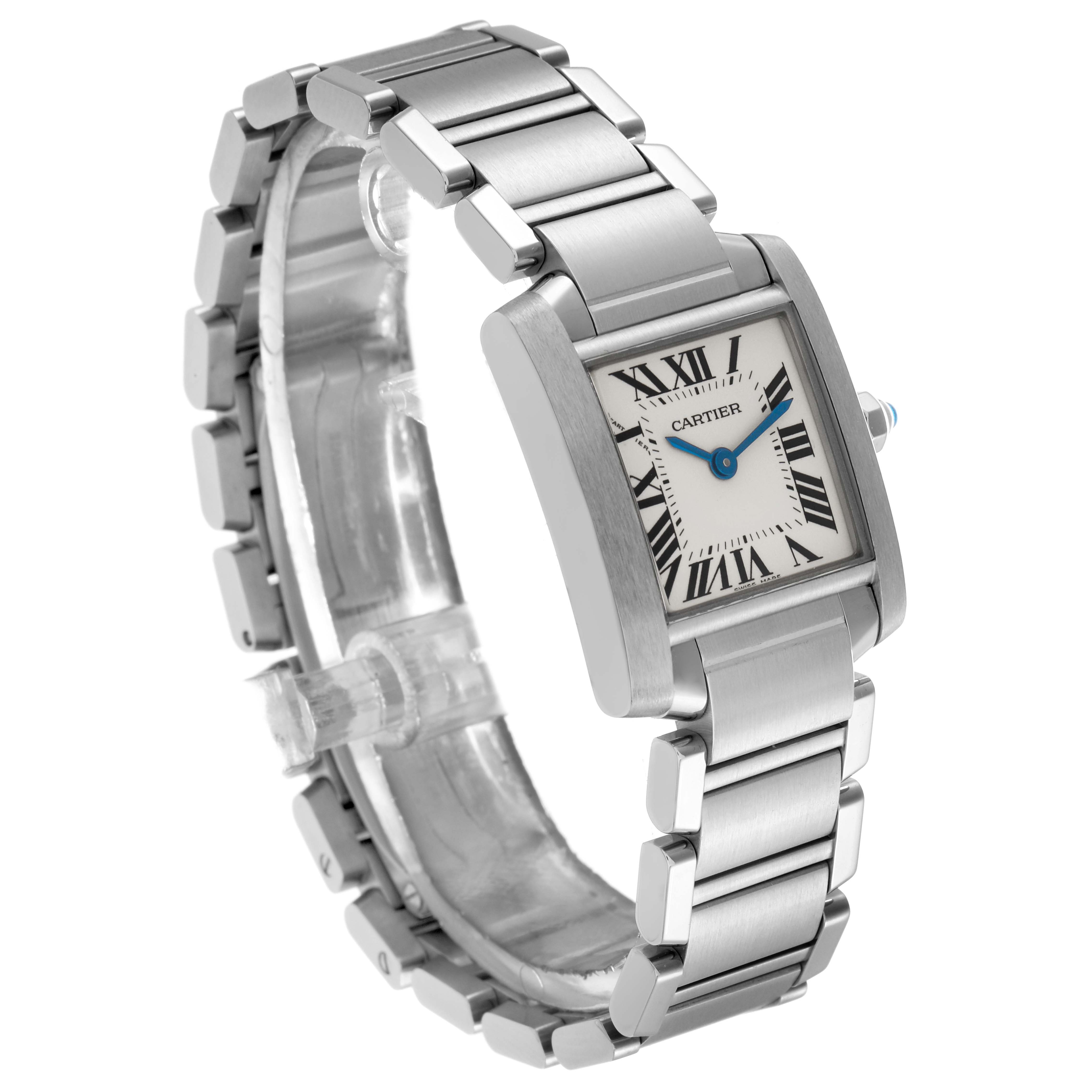 The Cartier Tank Française model W51008Q3 is displayed at an angled side view, showing the rectangular face, Roman numerals, blue hands, and metal bracelet band.