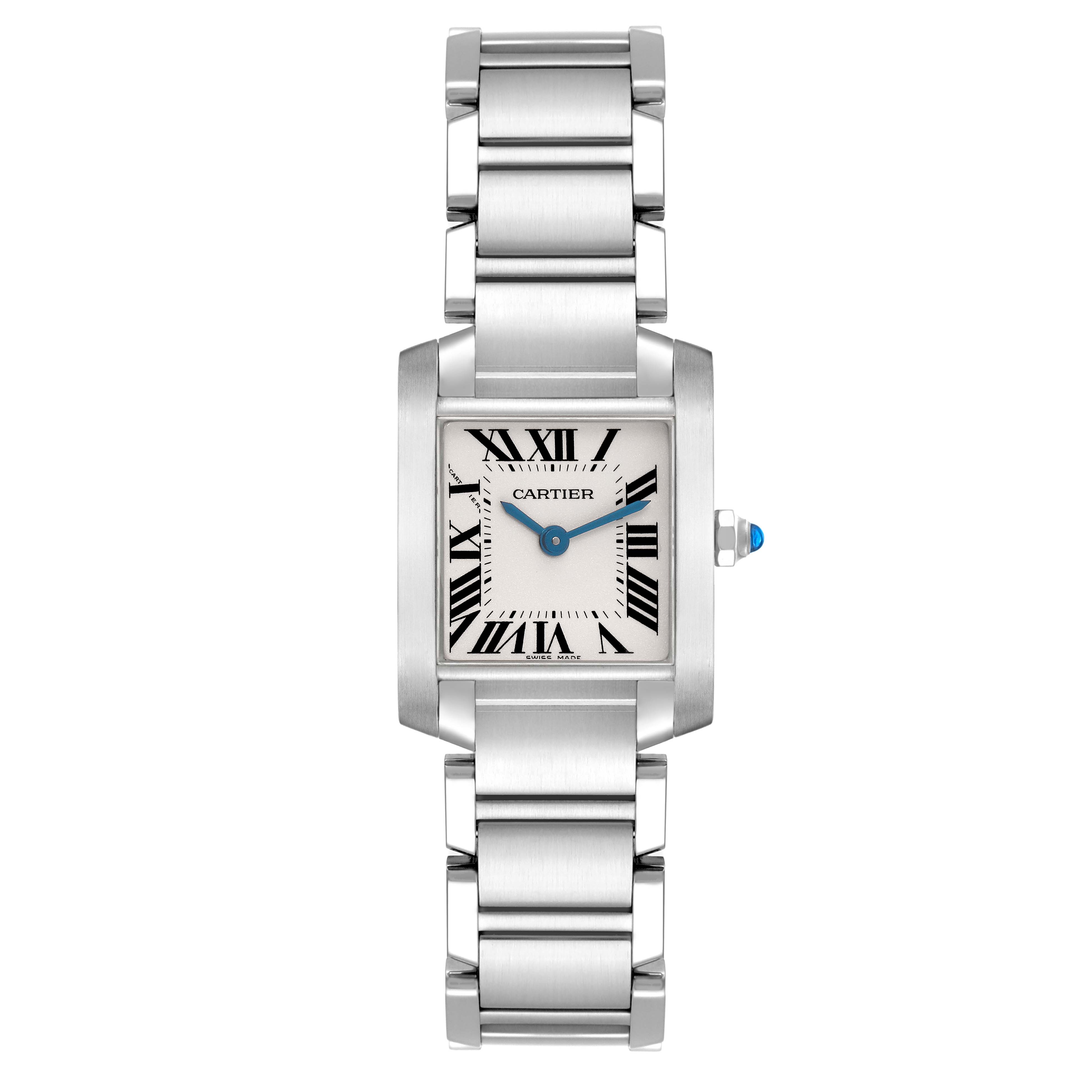 The Cartier Tank Française model W51008Q3 men's watch is shown from a top-down angle displaying its rectangular face, bracelet, and signature blue cabochon crown.