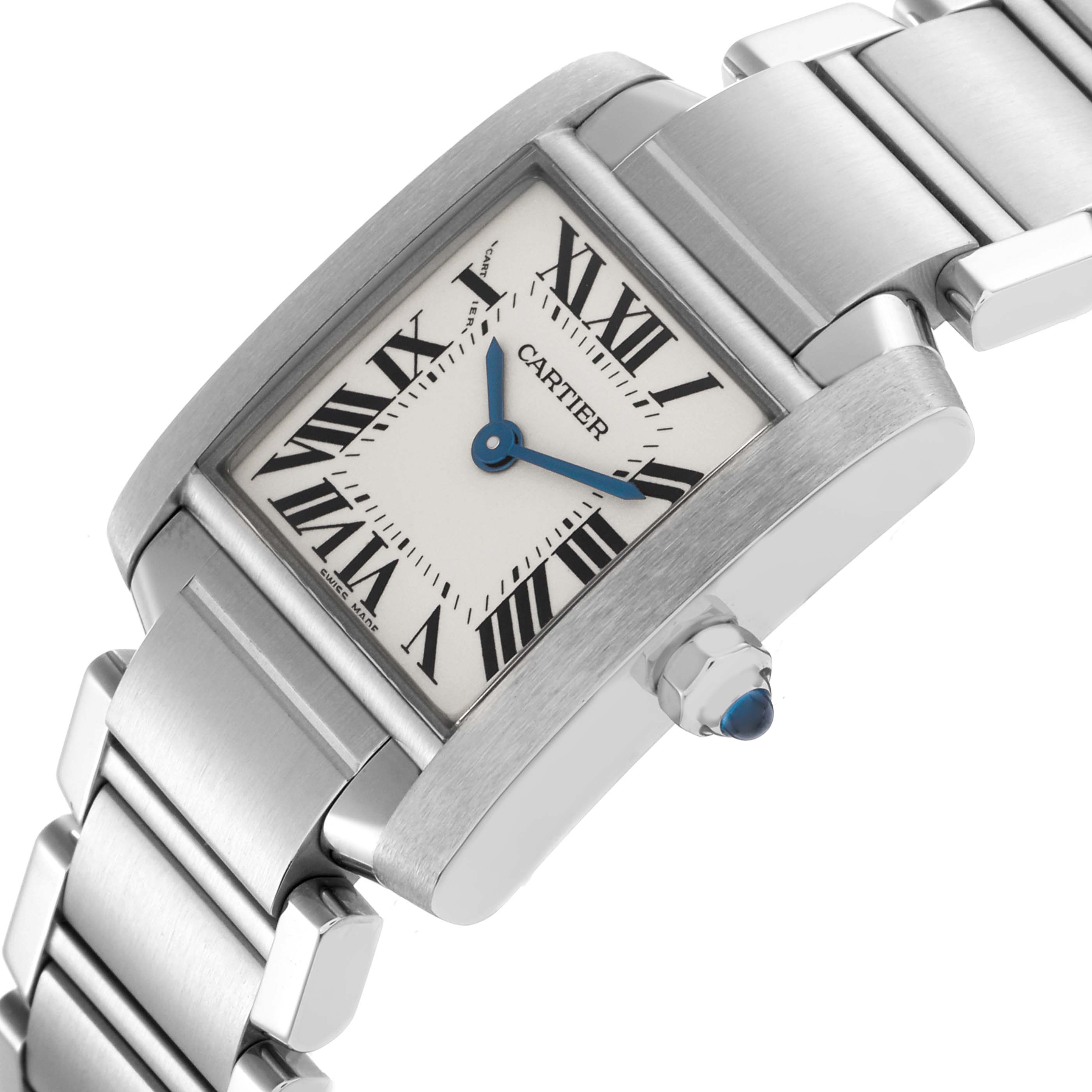 The Cartier Tank Française model W51008Q3 is shown at an angle highlighting the dial, crown with blue cabochon, and stainless steel bracelet.