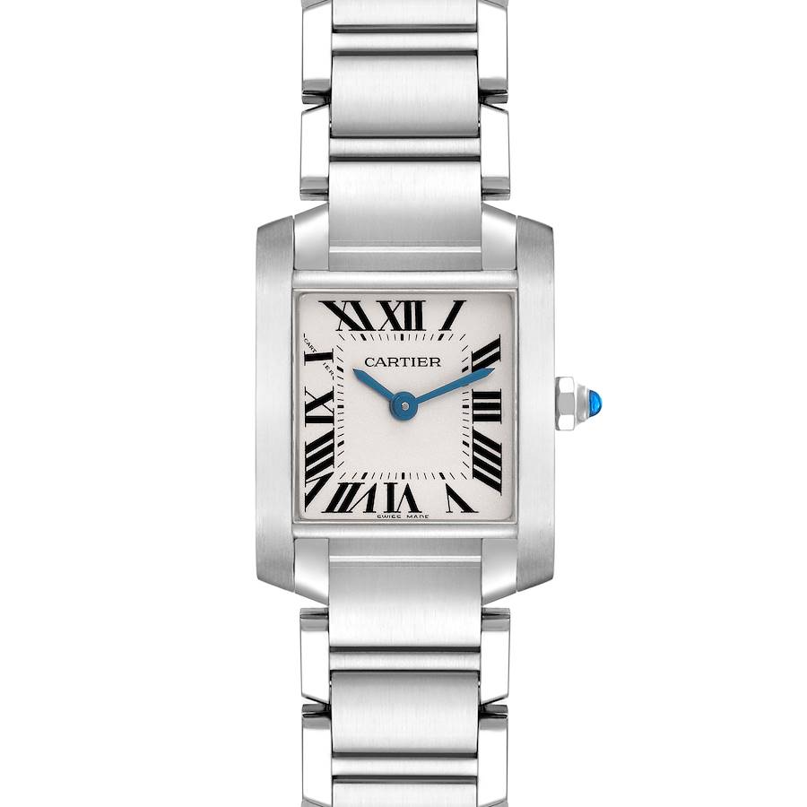 The Cartier Tank Française model W51008Q3 is shown from the front, highlighting its square face, Roman numerals, blue hands, and steel bracelet.