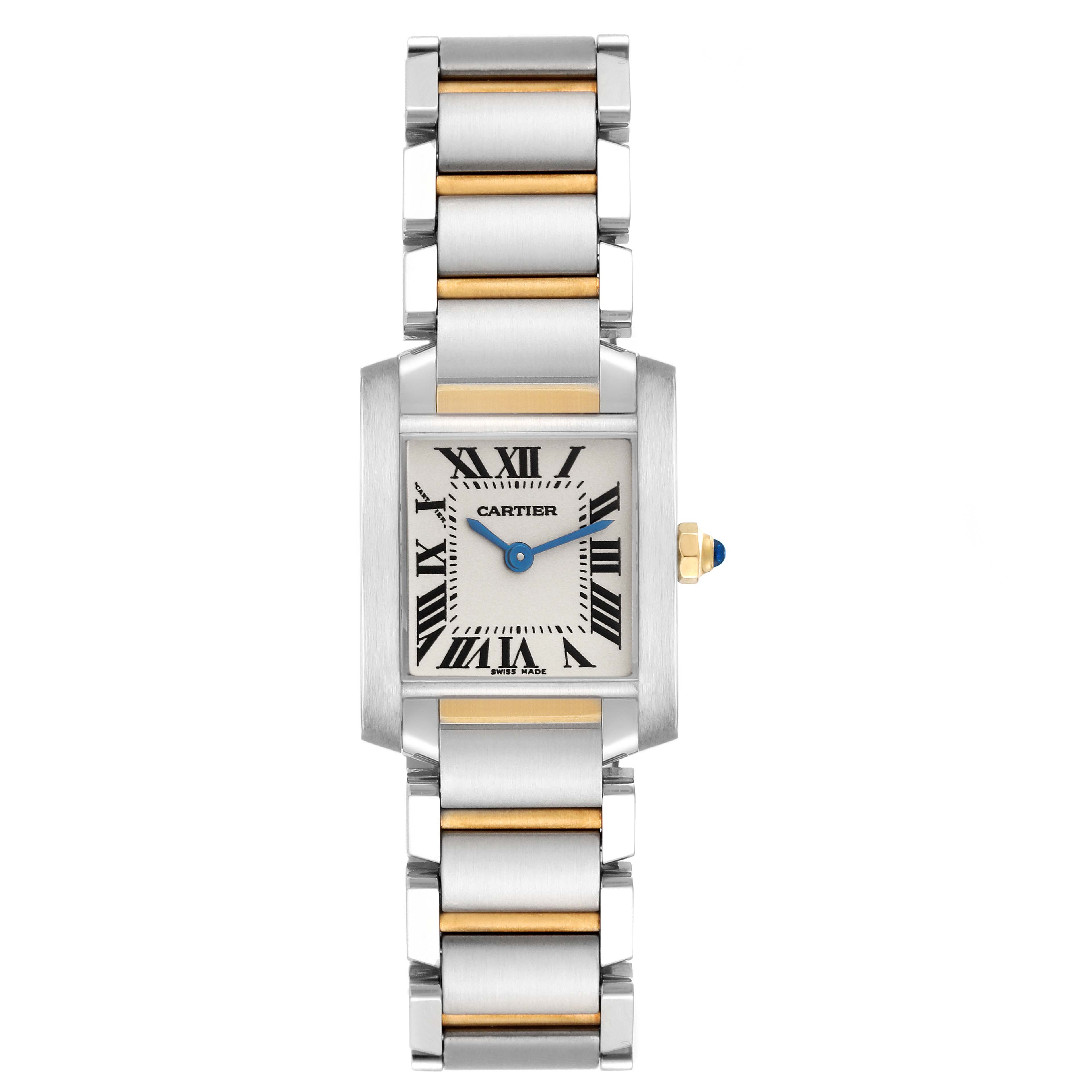 This image shows a head-on view of the Cartier Tank Francaise W51007Q4 Women's Stainless Steel Silver Dial W51007Q4 Women's Stainless Steel Silver Dial watch, displaying its face and bracelet with Roman numerals and two-tone links.